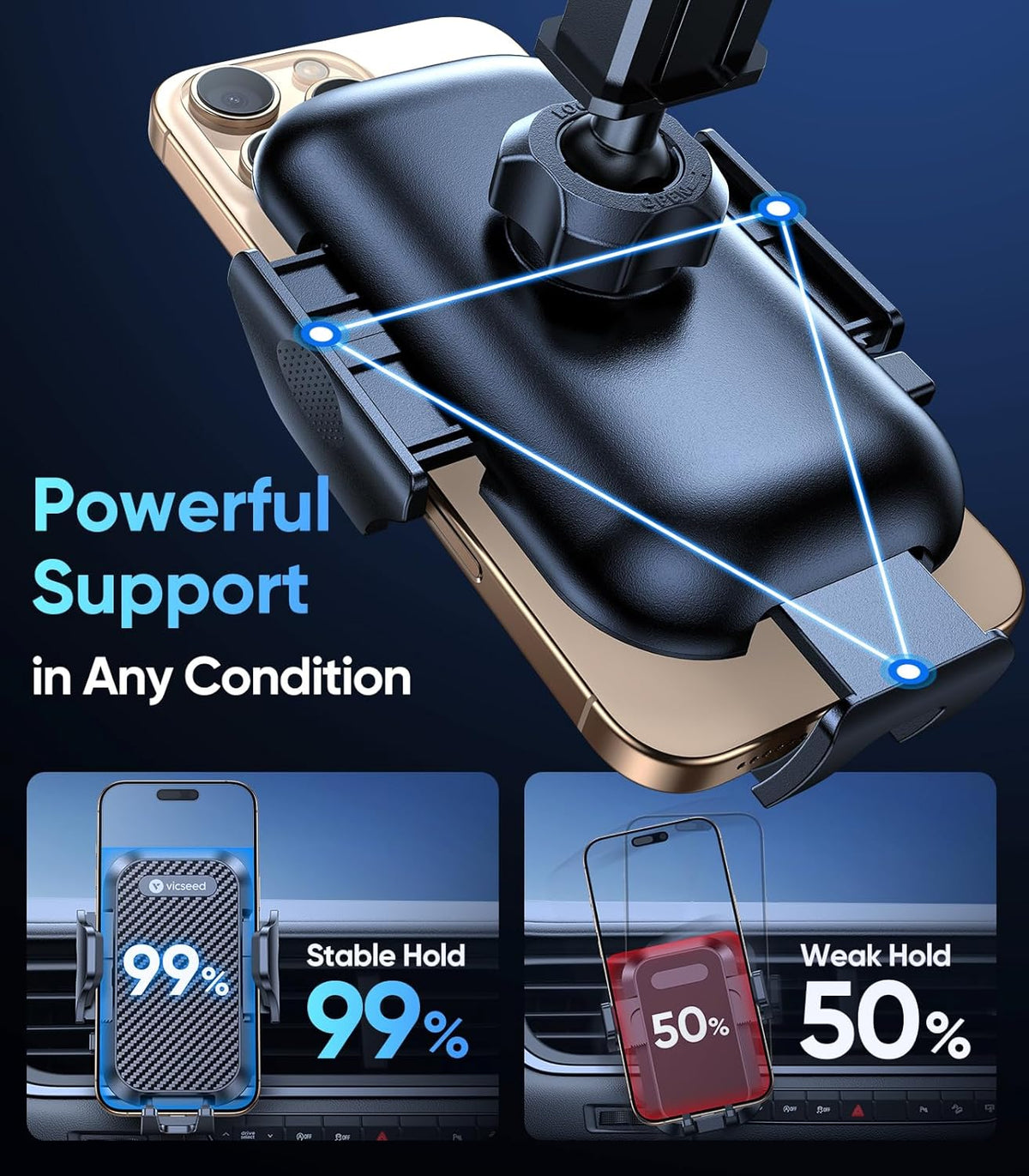 VICSEED Strong Suction Car Phone Holder [Ultra-Stable for Heavy Phones & Thick Cases] 3-in-1 Dashboard Windshield Vent Cellphone Mount, Military-Grade Truck Boat Cradle Universal for iPhone & Android