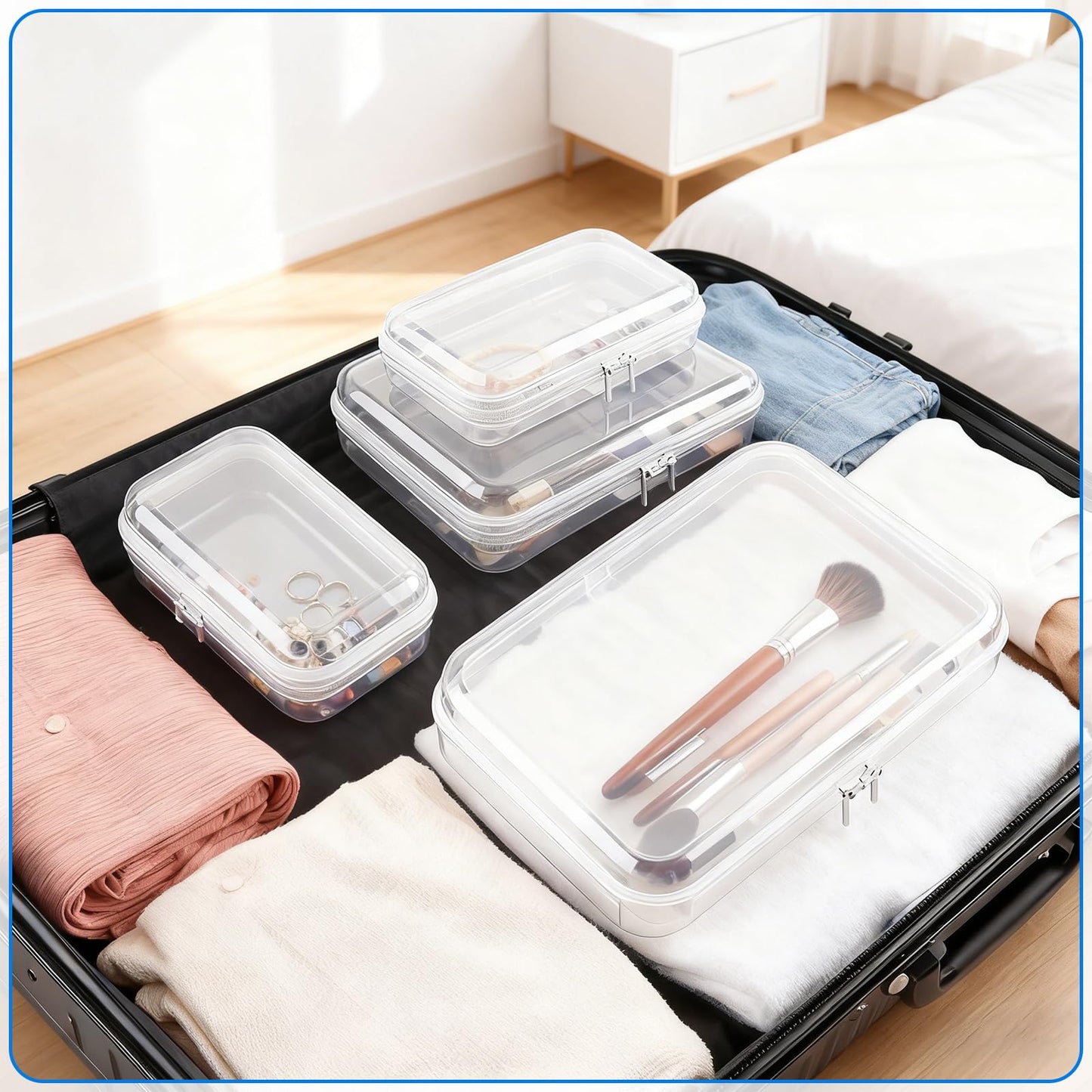 TQXOFDV Clear PET Plastic Storage Boxes with Double Zippers, 4 Sizes (S/M/L/XL) Waterproof Organizer Cases for Toys, Cosmetics, Snacks, Travel Essentials (White)