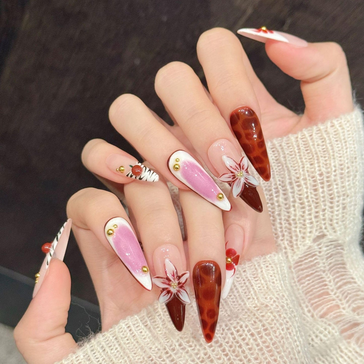 TENPAL Cherry Blush French Tips Press on Nails Long Stiletto with 3D Floral Carving, Handmade & Reusable, Soft Flattering False Nails for Everyday Wear | Sheer Cherry Style(M)