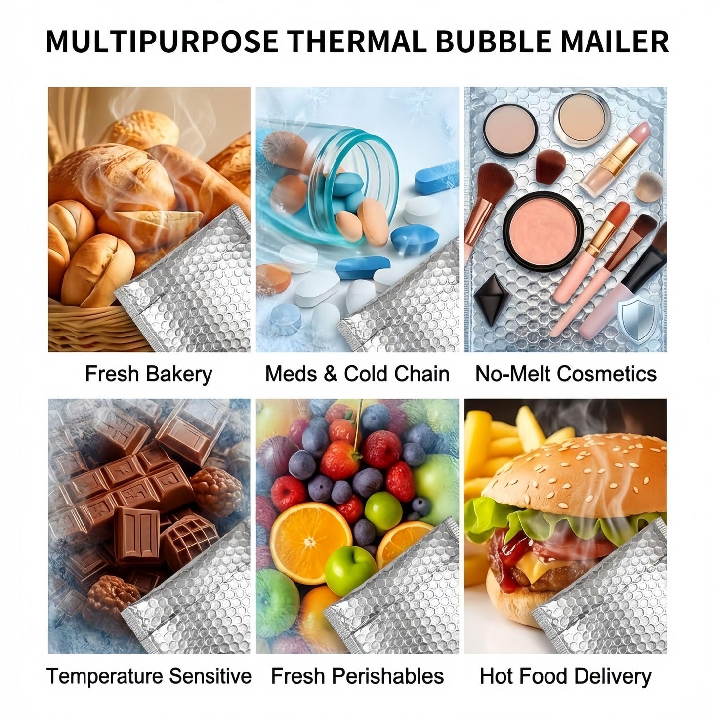 50 Pack 10x12 Inch Thermal Insulated Bubble Mailers for Cold Shipping, Metallic Silver Foil Padded Envelopes, Self-Seal Water-Resistant Cushioned Shipping Bags