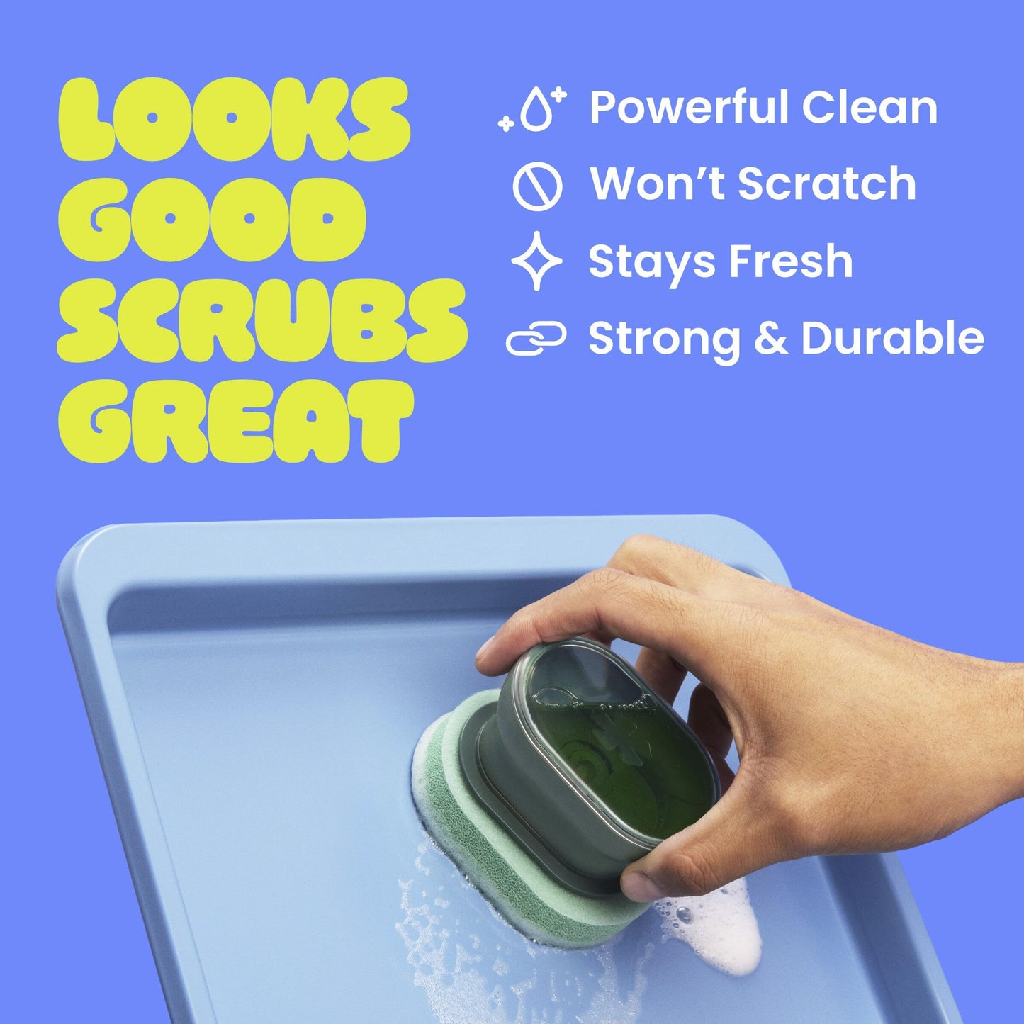Brite by Scotch-Brite Palm Scrubber with Drain + Dry Stand, Household and Kitchen Sponge for Washing Dishes with Comfy Grip, 1 Scrub Sponge with Soap Dispenser