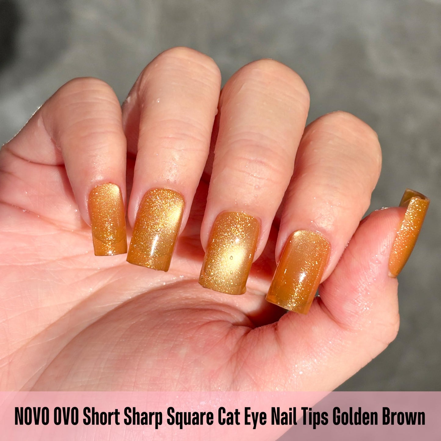 NOVO OVO Short Square Nail Tips 150Pcs Cat Eye, Golden Brown Sharp Square Gel X Nail Tips, Glossy Finished with Top Coat, Full Cover Fake Nails No C Curve for Home DIY Typing Scenario, 15 Sizes