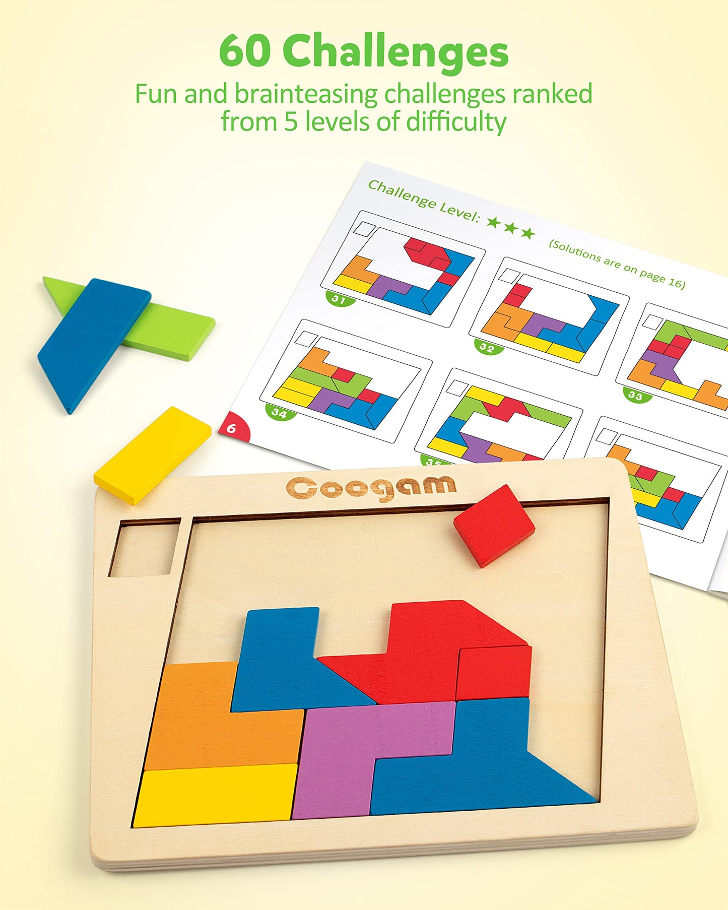 Coogam Wooden Puzzle Blocks Geometric Tangram Brain Teasers Jigsaw 3D Logic IQ Game Colorful Shape Pattern Montessori STEM Educational Toys Gift 60 Challenges for All Age