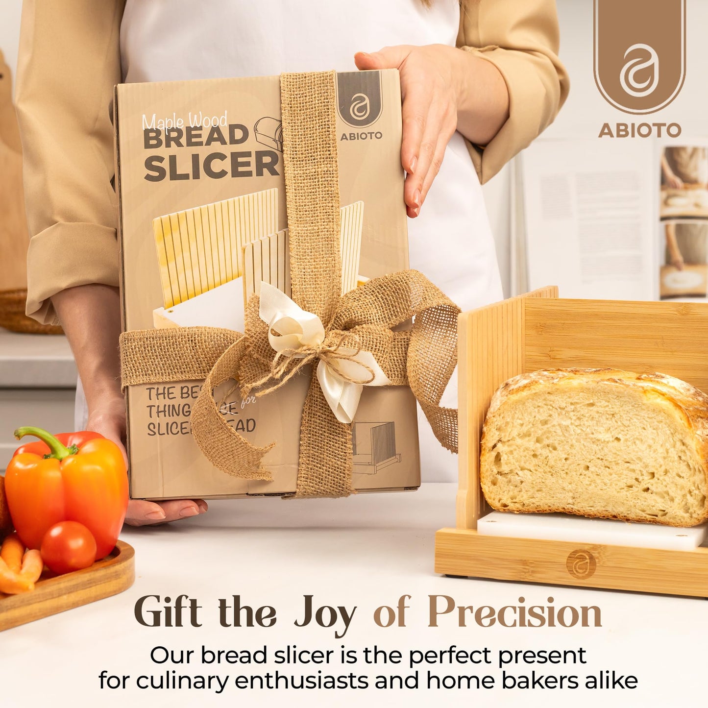 ABIOTO Bread Slicer for Homemade Bread - No Splinter with HDPE Base & Maple Finger - 4 Different Thicknesses for Uniform & Consistent Slices - Foldable Bread Cutter with Optimal Knife Grooves