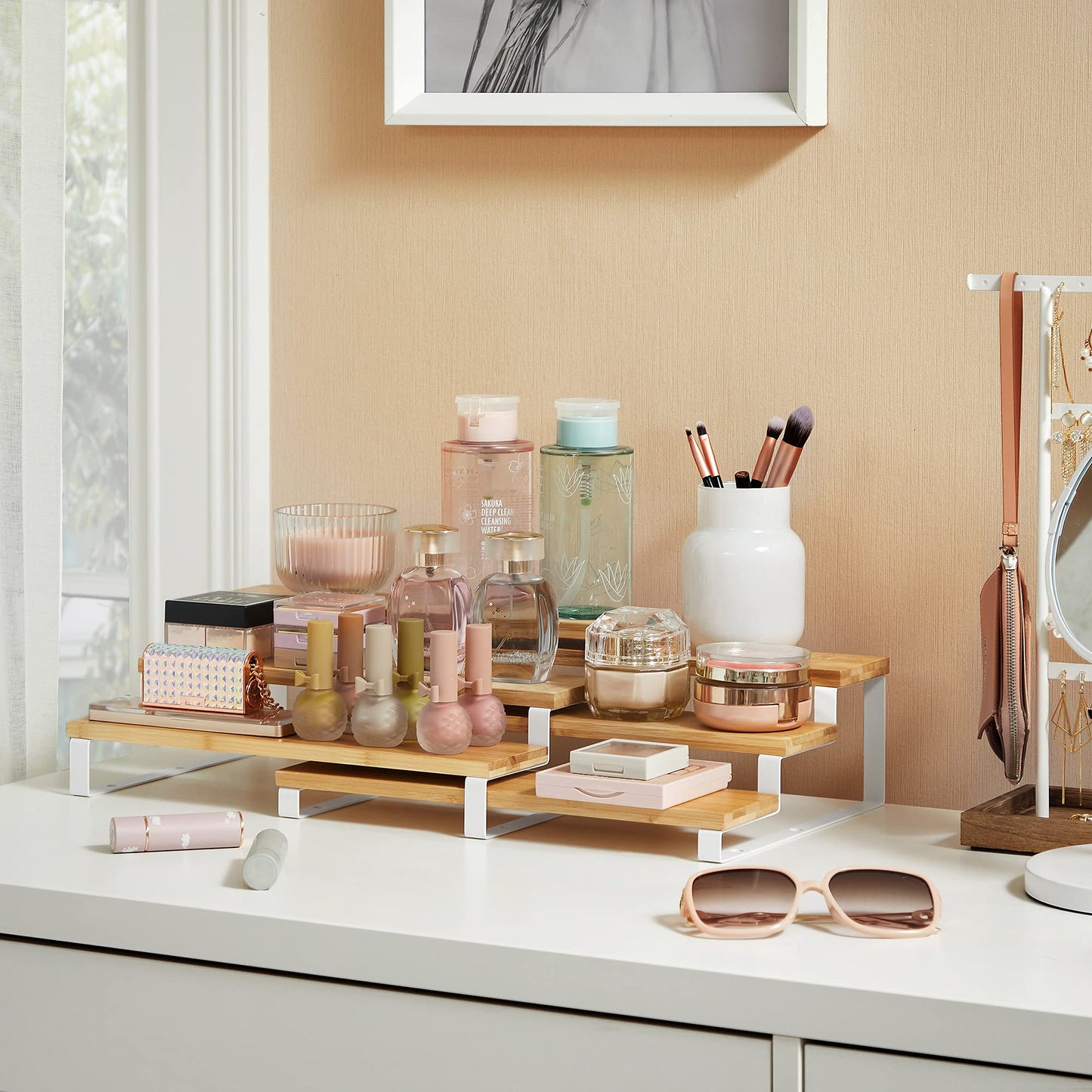 SONGMICS Display Risers, Set of 2 Engineered Wood Perfume Organizer Stand, 3-Tier Cupcake Stand Holder, Spice Rack, Shelf Risers for Figures, Dessert Shelves, Natural Beige and Cloud White UKCS016N02