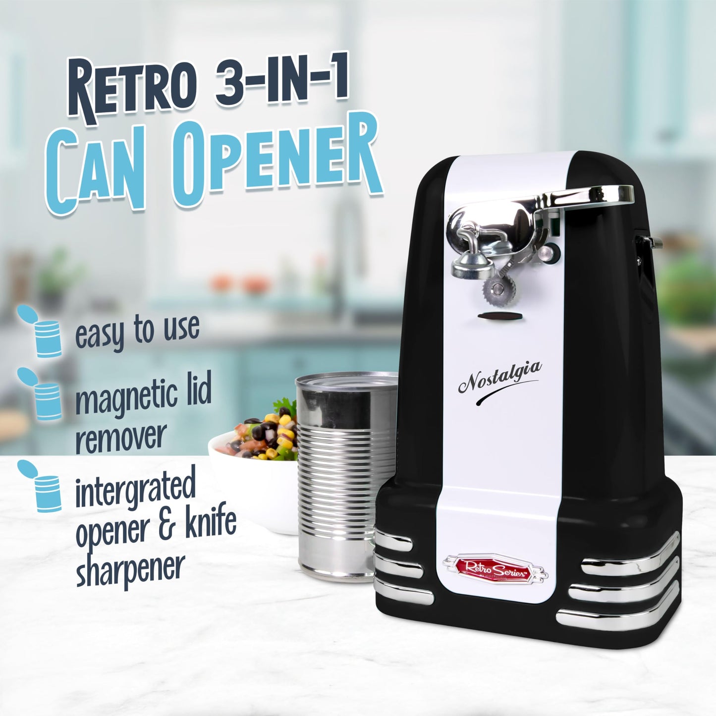 Nostalgia Retro Electric Can Opener for Kitchen with Magnetic Lid Remover, Knife Sharpener, and Soda or Beer Bottle Opener, Black