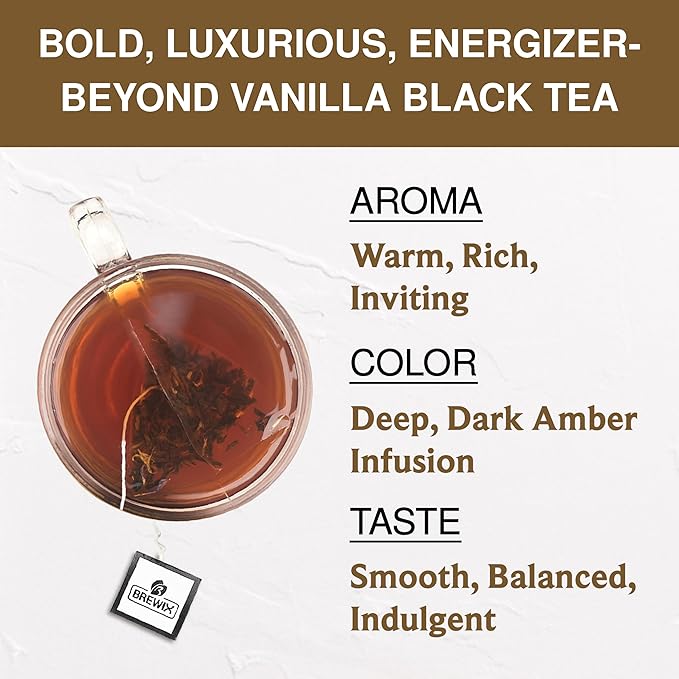 BREWIX, Vanilla Caramel Dessert Tea (25 Pyramid Black Tea Bags) | Naturally Flavored, Caffeinated & Sugar-Free | A Cozy & Indulgent Brew for Anytime Cravings