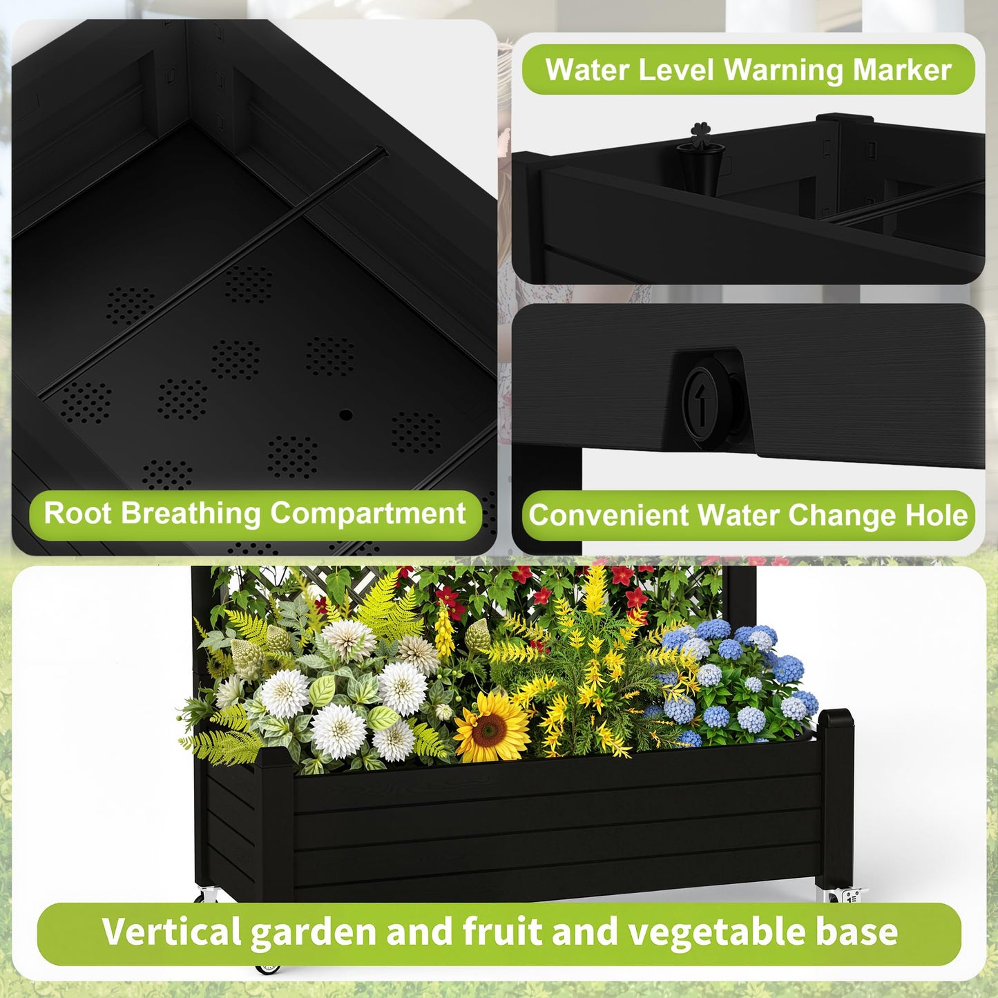 PatioZen Raised Garden Bed with Trellis, 21 Gallon Self Watering Planter Box with Lockable Wheels & Drainage Holes for Climbing Plants Vegetables Flowers, Anti-Rust Resin for Backyard Patio (Black)