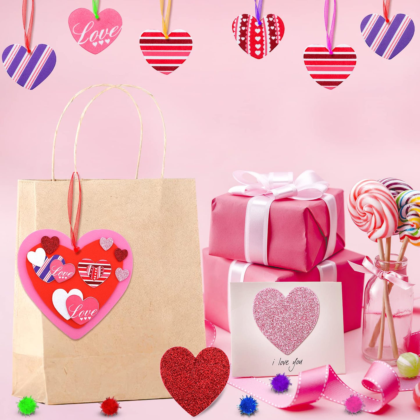 JULBEAR 700 Pcs Valentine's Day Foam Heart Ornaments Craft DIY Kit with Foam Hearts Self-Adhesive Stickers Glitter Pom-poms Wiggle Googly Eyes Satin Cords for Kids Valentine Decoration Craft Supplies