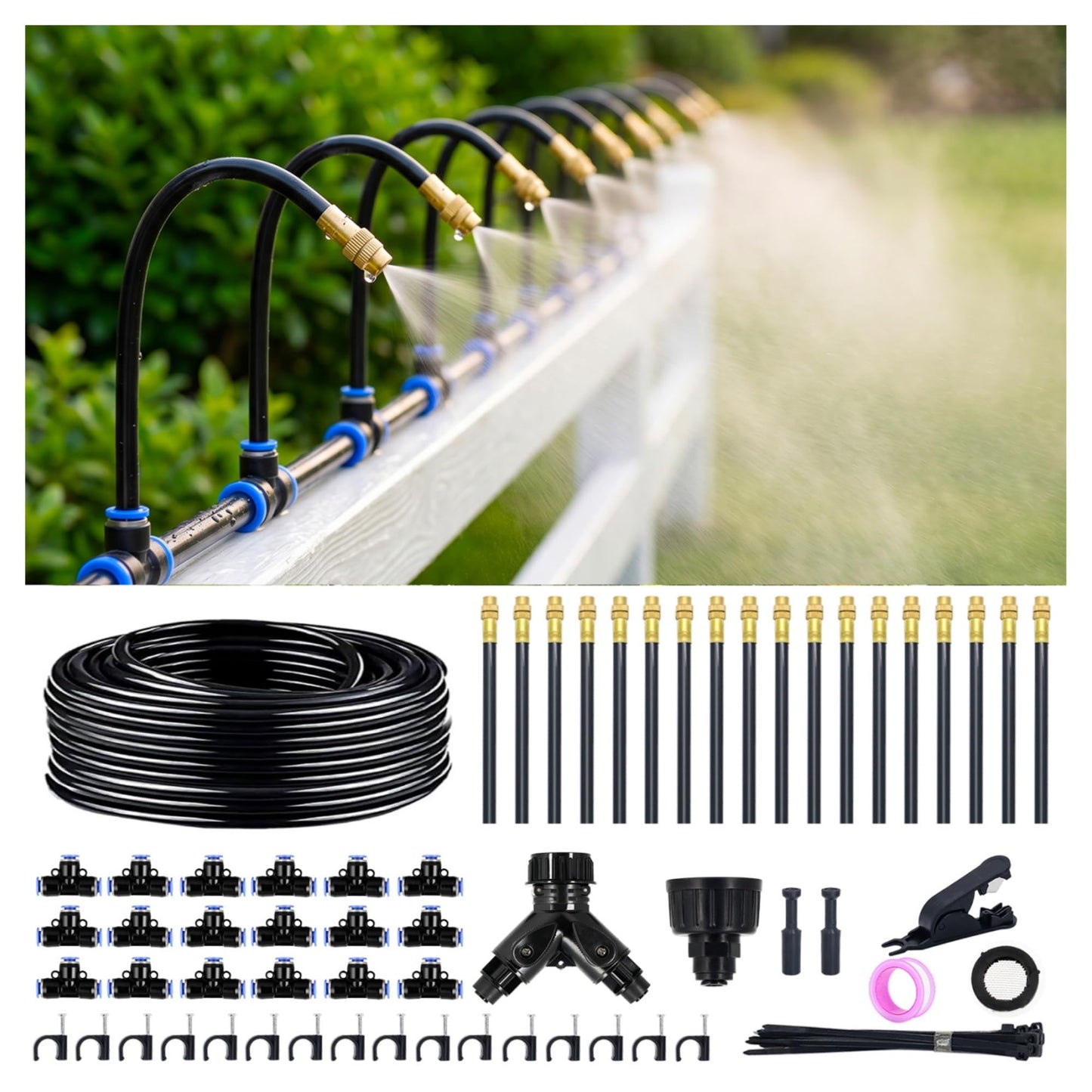 Thiswing 100FT 360° Adjustable Irrigation System for Garden – 1/4" Tubing with 18 Nozzles, Watering Misting System, Sprinkler for Garden, Raised Bed, Lawn, Plants
