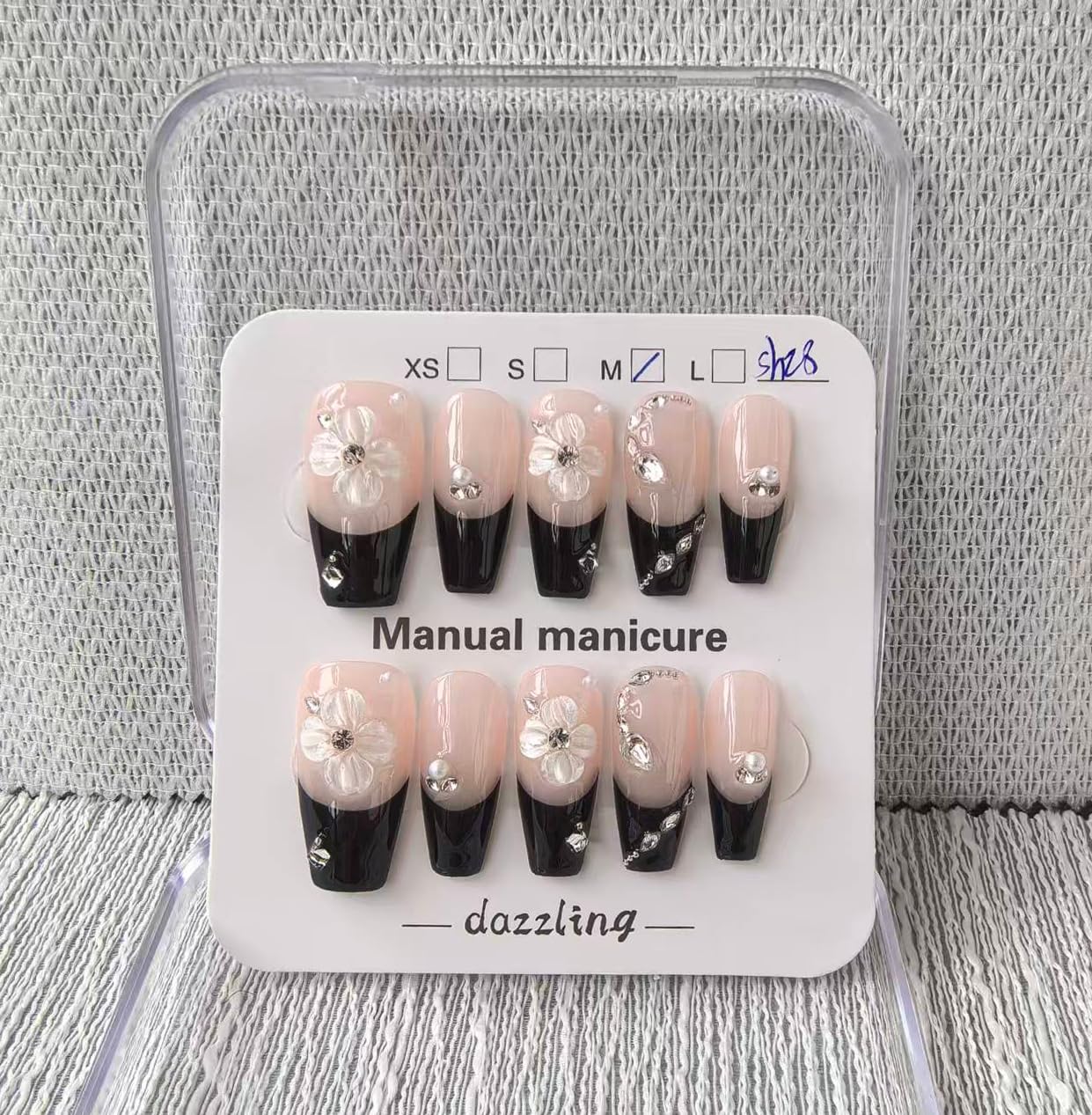 Handmade Press on Nails Coffin Medium False Nails Black French Tip with 3D Flower Designs Rhinestones Charm Cute luxury Sparkly Acrylic Nails for Women (Size M）10pcs