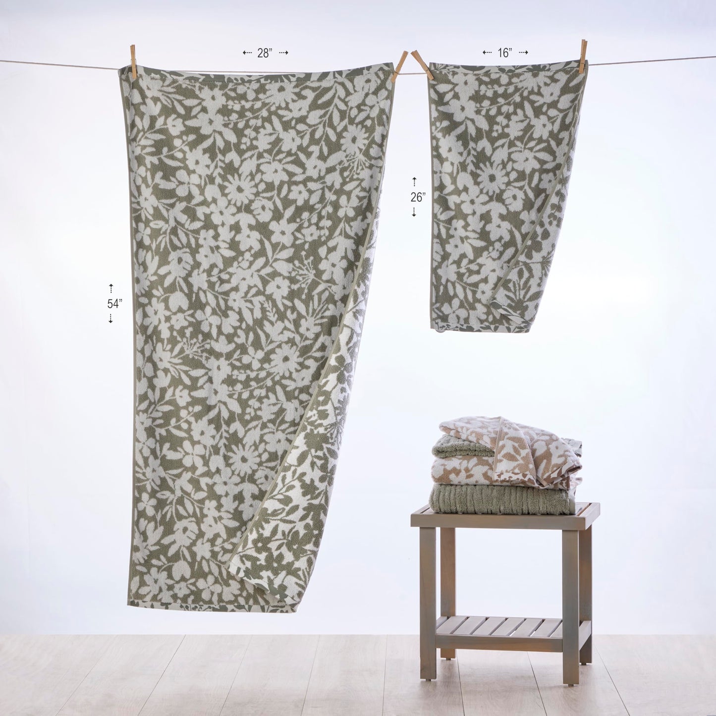 SKL Home Bedford Floral 100% Cotton Premium 2-Piece Hand Towel Set, 600 GSM, Soft & Absorbent, Reversible Jacquard, Decorative for Bath/Kitchen/Bar & Gift, Sage