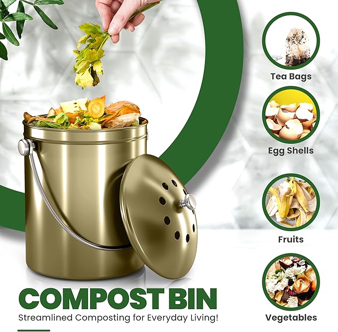 Utopia Kitchen Compost Bin for Kitchen Countertop - 1.3 Gallon Compost Bucket for Kitchen with Lid - Includes 1 Spare Charcoal Filter (Gold)