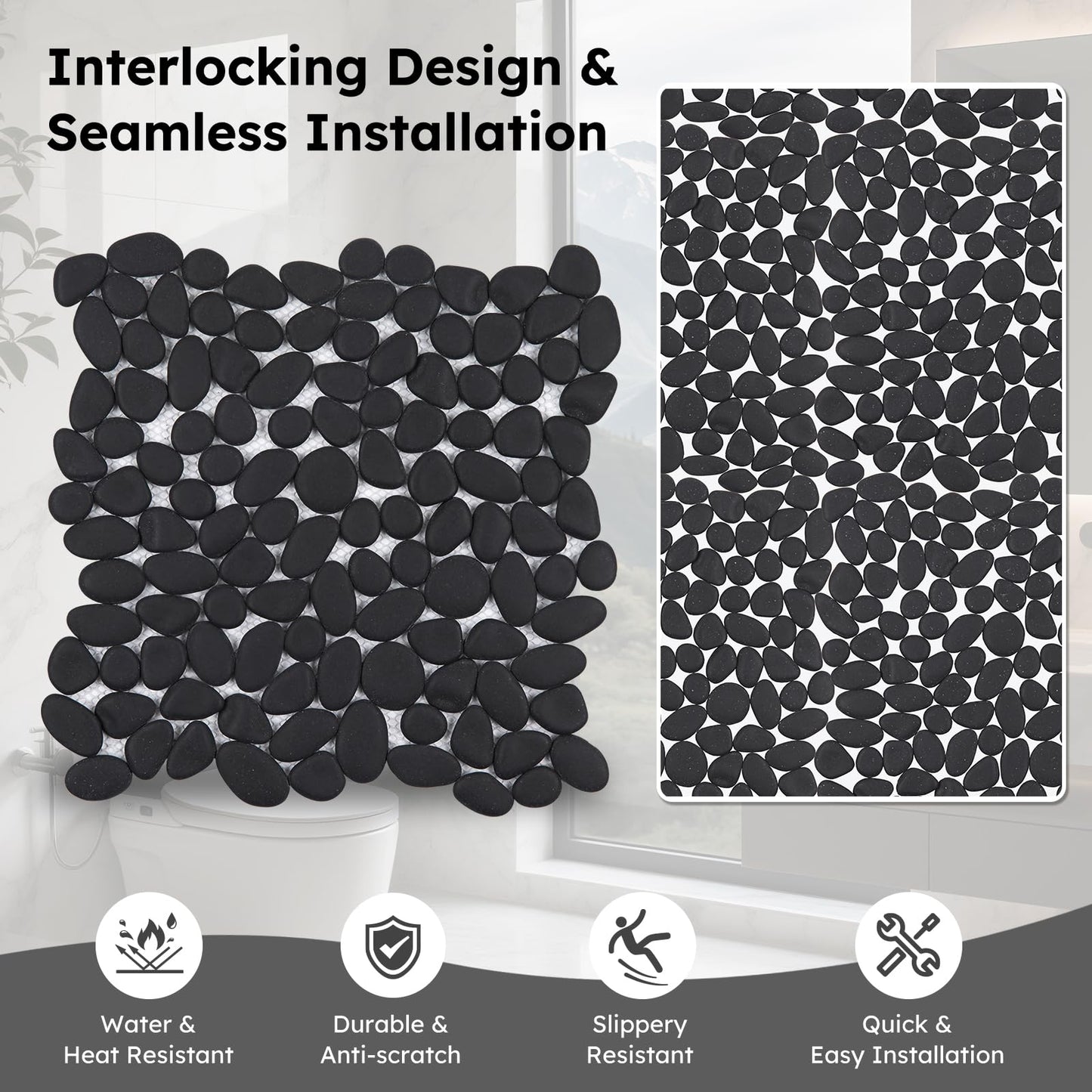 Diflart Pebble Tile for Shower Floor, Black Oval, 5 Sheets, Pebble Mosiac Backsplash for Kitchen Bathroom Wall and Floor Tile