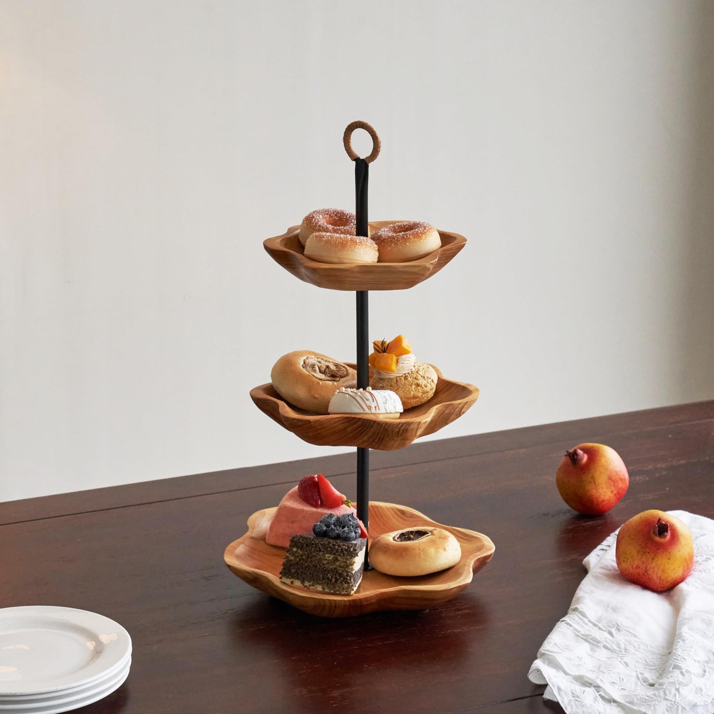 PJCOLL [PJ Collection] 3 Tier Wood Fruit and Snack Basket, Multi-Level Serving Tray, 3 Tier Cupcake Stand, Wood Plate, Three Tier Fruit Stand, Fruit Stand Holder, Handcrafted Home Goods (Round)