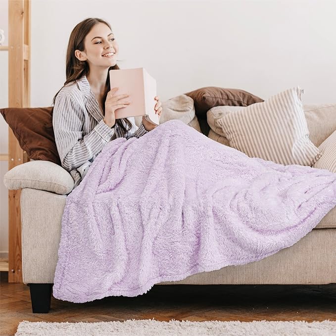 PAVILIA Sherpa Throw Blanket for Couch Sofa, Light Purple Lavender Fluffy Warm Plush Blanket for Twin Bed, Cozy Super Soft Lightweight Throw, Fuzzy Decorative Blanket, All Season Home, 60x80