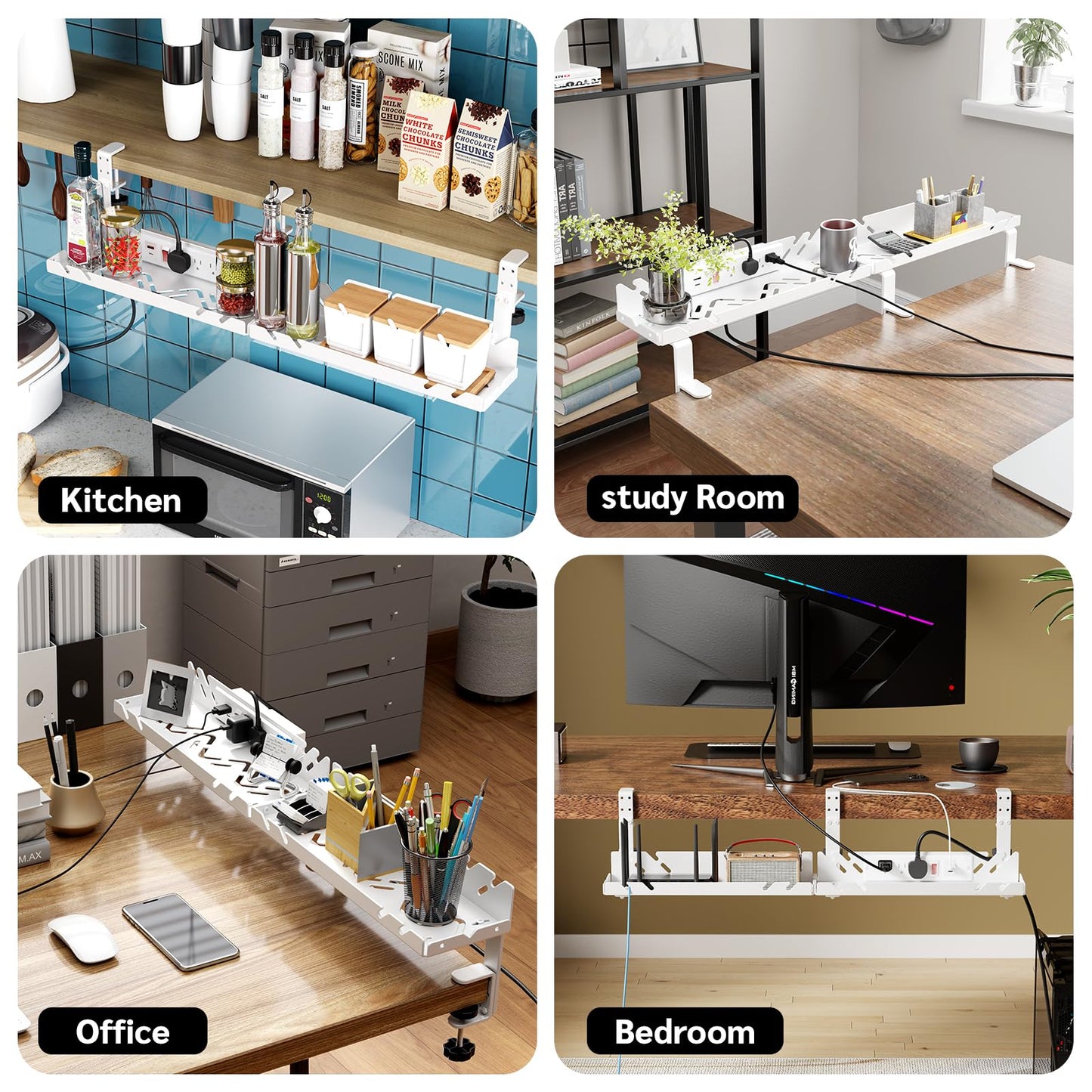 Extended Metal Under Desk Cable Management Tray with Power Outlet, No-Drill Wire Organizer with Clamp, Cord Storage Raceway for Desk Cable Management for Office Home (White)