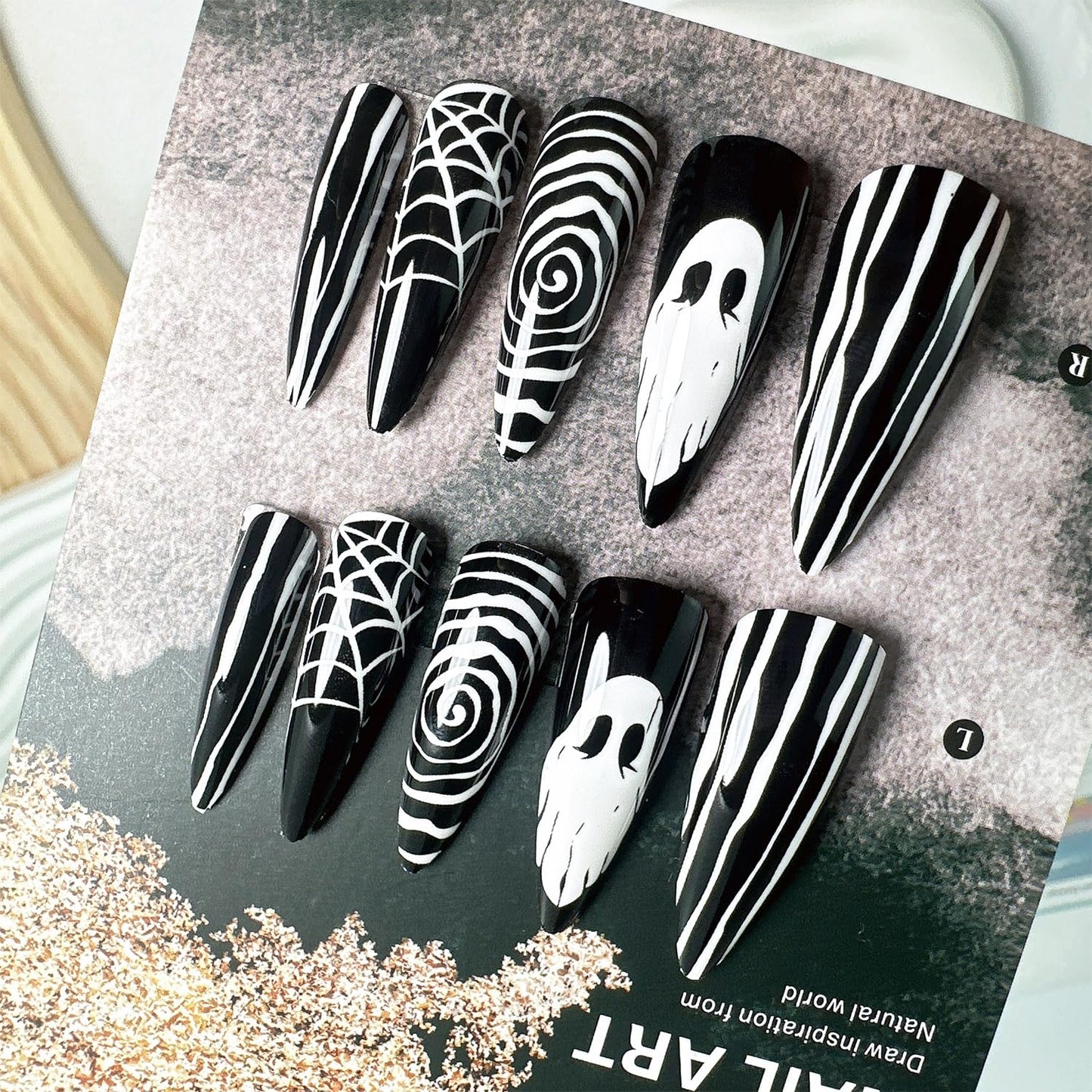 24pcs Halloween Press on Nails Long Almond Fake Nails with Designs White Ghost False Nails Kit Spider Web Glue on Nails Black Full Cover Stick on Nails for Women Holiday Nail Art Decoration