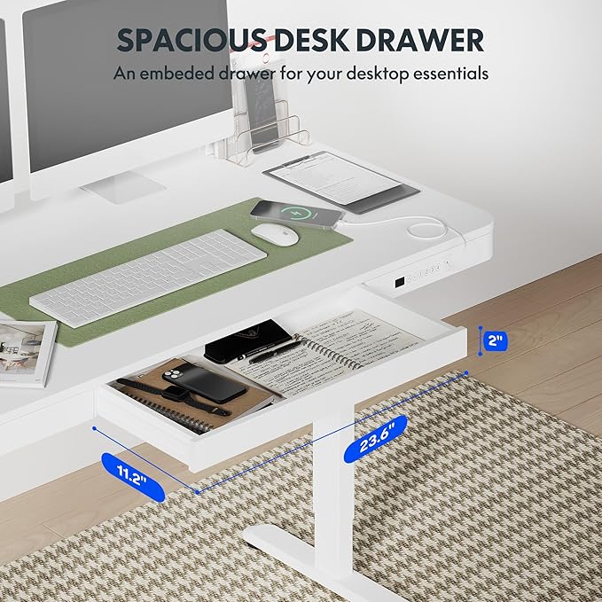 FLEXISPOT 55" White Electric Standing Desk with Drawers, Quick Assembly Home Office Sit Stand Desk with Storage, USB Charging, Computer Desk for Home Office (White Top + Adjustable Frame, Comhar)