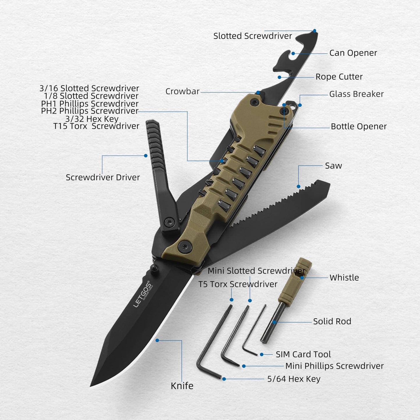 LETGOS Multi Pocket Knife, 22 in 1,Survival Gear EDC Tools with Nylon Sheath, Emergency, Camping, Hiking, Hunting, Gift for Men Women (Desert Gray)