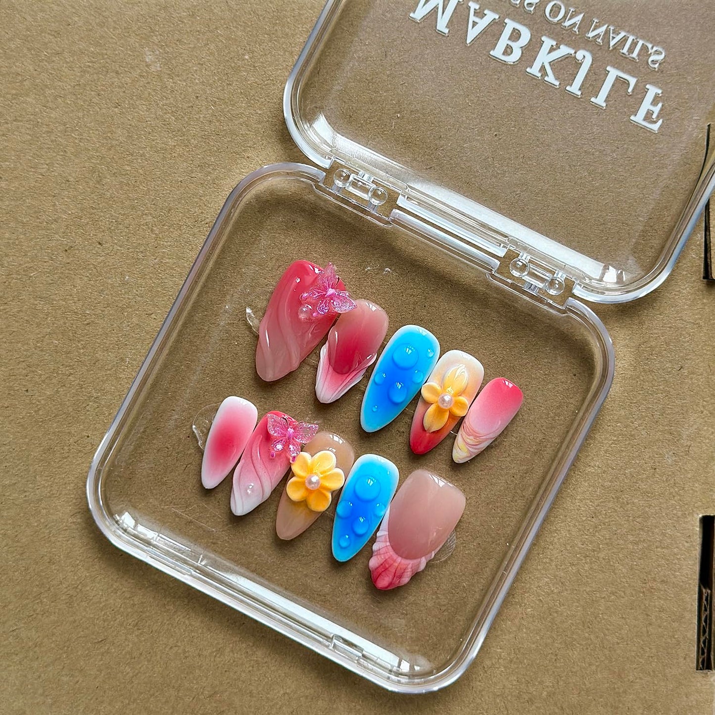 Luxury Press on Nails Medium Almond Handmade 3D Unique Reusable ABS Material Fake Nails Pink&Blue False Nails with Designs Butterfly Yellow Flower Art Petal Glossy Thick Acrylic Nails(S)