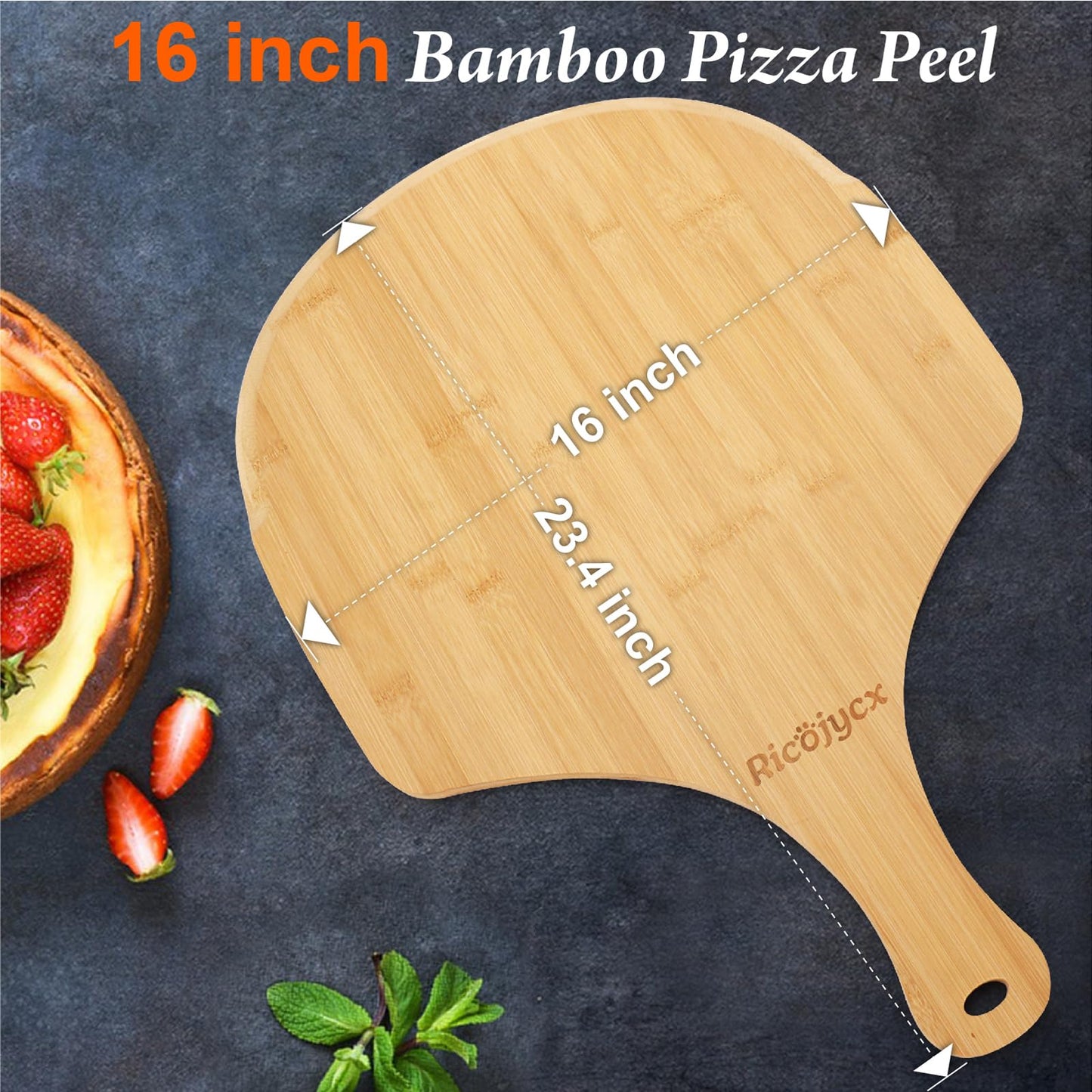 RICOJYCX 2 Pack 16 Inch Bamboo Pizza Peel, Wooden Pizza Paddle Spatula with Extended Handle, Cutting & Serving Board for Pizza, Bread, Cheese, Fruits and Vegetables