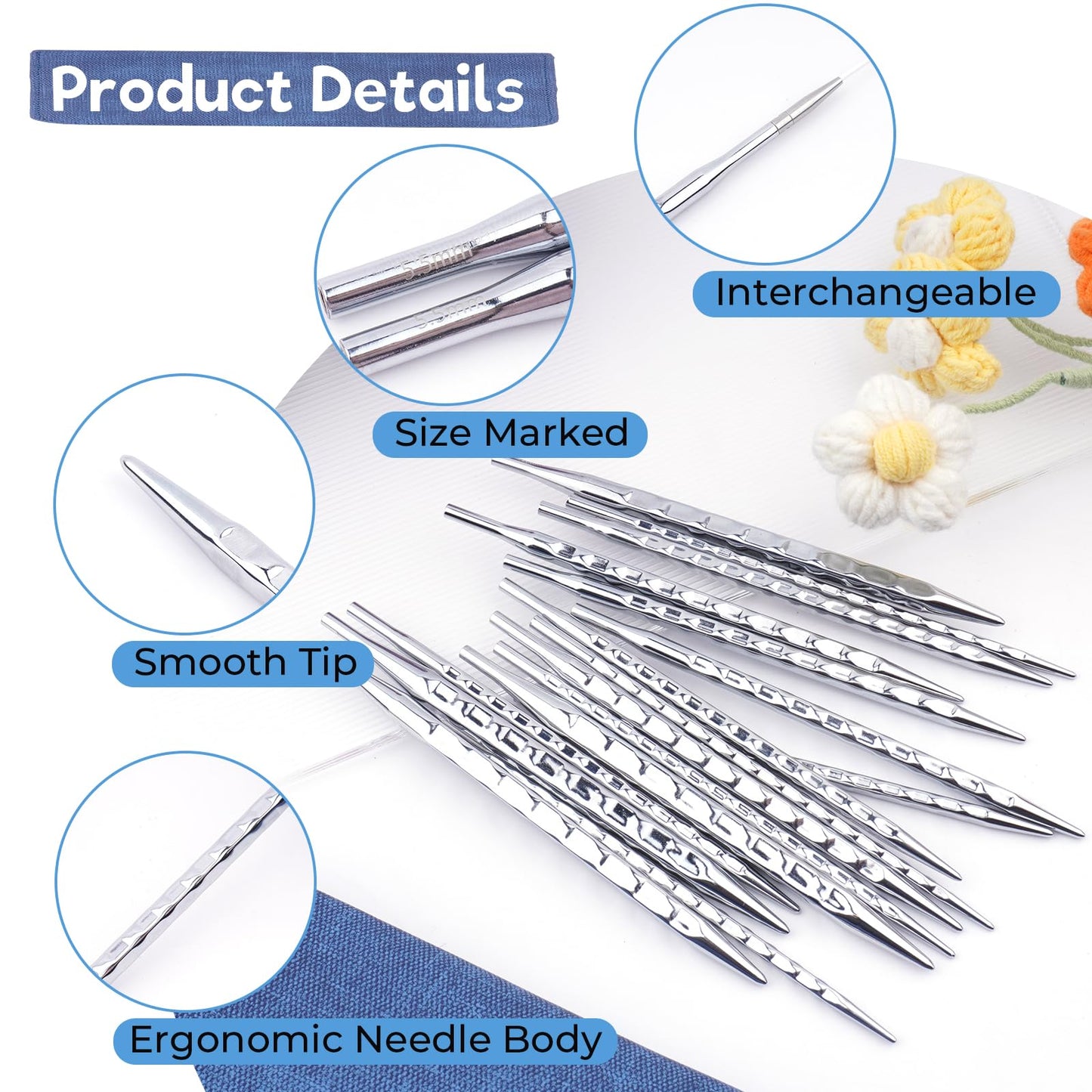 BsHooker Interchangeable Knitting Needles Set with Case,8 Pairs Square Aluminum Circular Knitting Needles with 4 Cable,Ergonomic Needles Kit 3.5mm-8mm