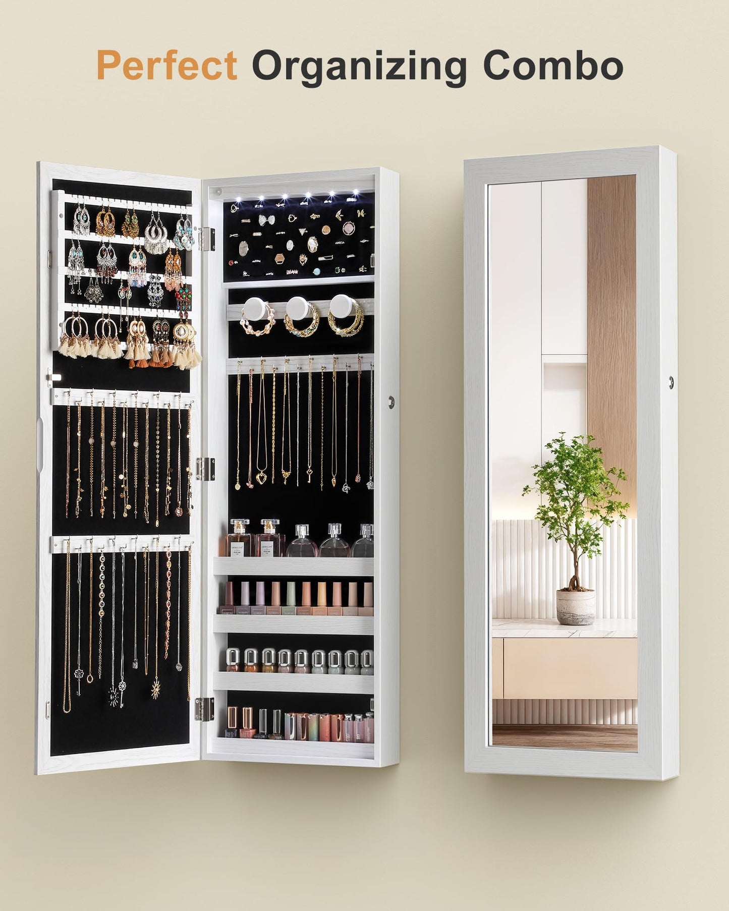 Nicetree 6 LEDs Mirror Jewelry Cabinet, Large Capacity Lockable Jewelry Armoire Organizer, Door or Wall Mounted Mirror with Jewelry Storage, Gift Idea, White