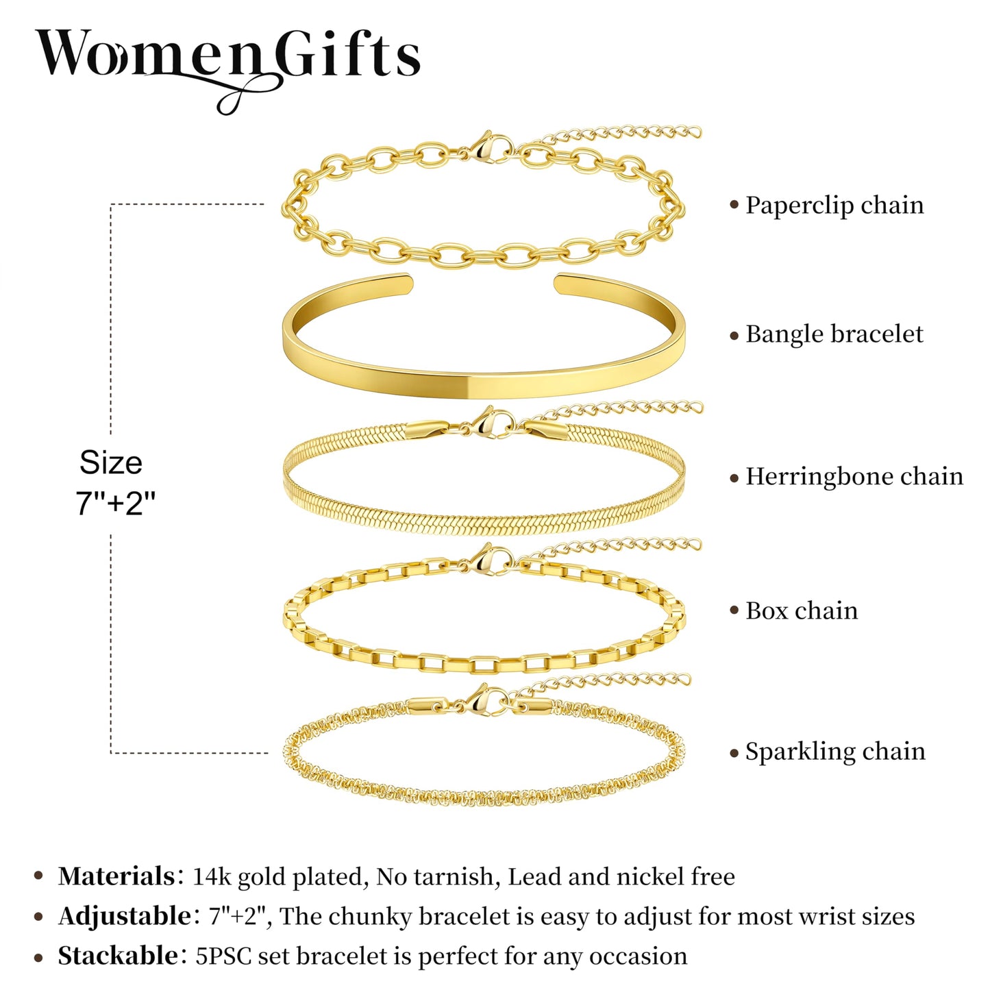 Chunky Gold Bracelets for Women Stack, Adjustable Set 14K Gold Plated on Copper, Stackable Bangle Cuff, Box Link, Figaro, Herringbone, Sparkling Chain, Waterproof Tarnish Resistant Jewelry Gift for Women