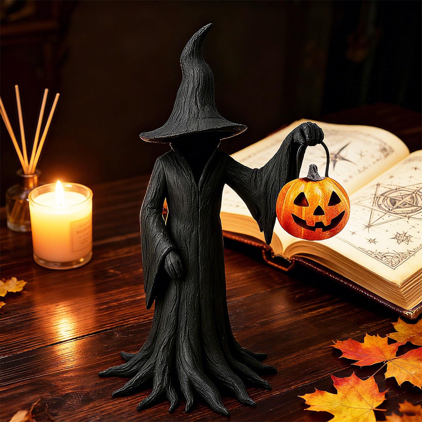 YYPLIAN Gothic Witch Halloween Resin Figurine, 8" Witches Holding Pumpkin Lantern Statue Spooky Witchcraft Ornament for Halloween Home Party Tabletop Decoration (Witch Hold Pumpkin)