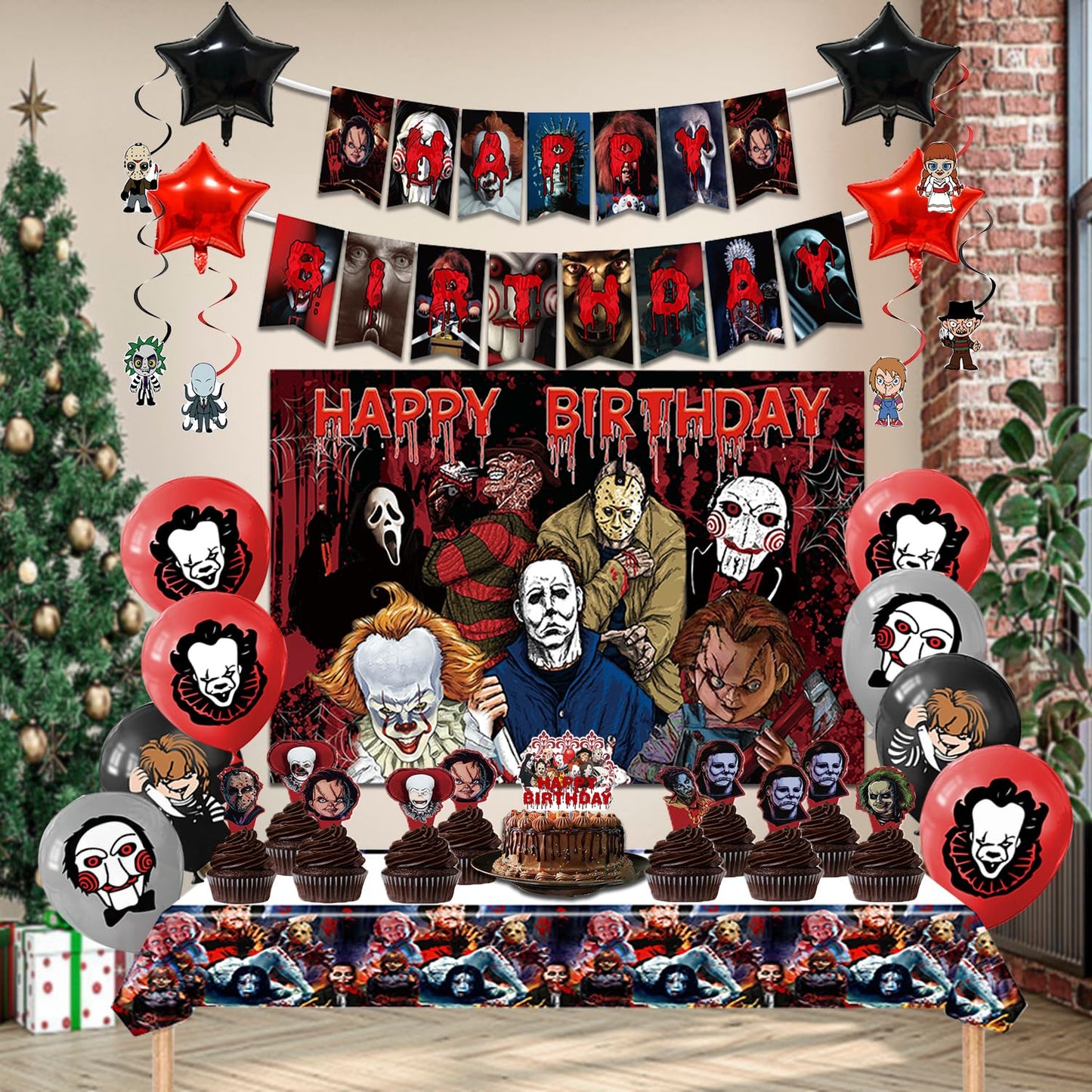 Mtgluk Horror Birthday Party Decorations Kit – 38 Pcs Halloween Themed Supplies with Banner, Backdrop, Tablecloth, Balloons & Cake Toppers for Spooky Celebrations