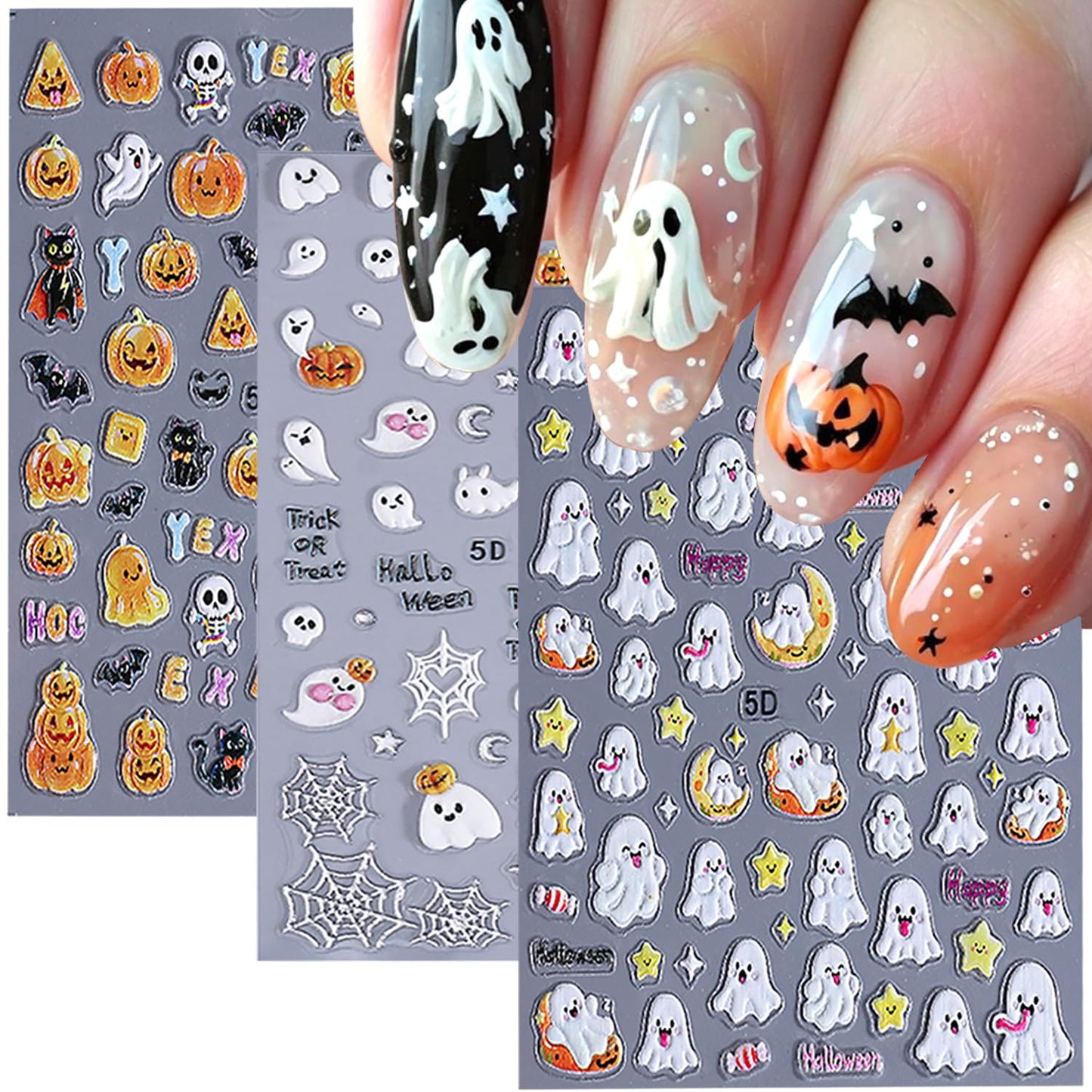 3 Sheets Halloween 5d Embossed Cute Ghost Nail Art Stickers Self Adhesive Pumpkin Spider Web Nail Decals Exquisite Star Moon Nail Design Stickers Holiday Nail Art Supplies for Women Decorations Tips