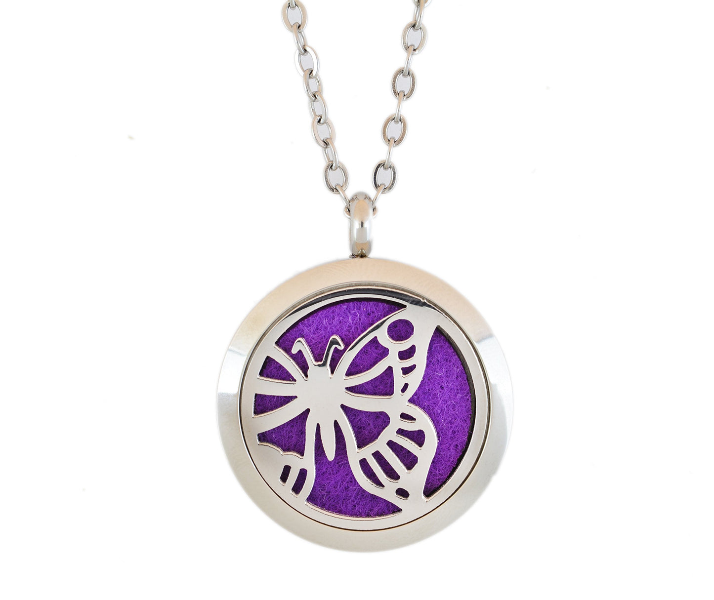 Aromatherapy Essential Oil Diffuser Stainless Steel 30MM Silver Magnetic Locket Pendant with Chain Necklace and Colored Refill Pads & Diffuser Bracelet All in a Velvet Bag (butterfly1)
