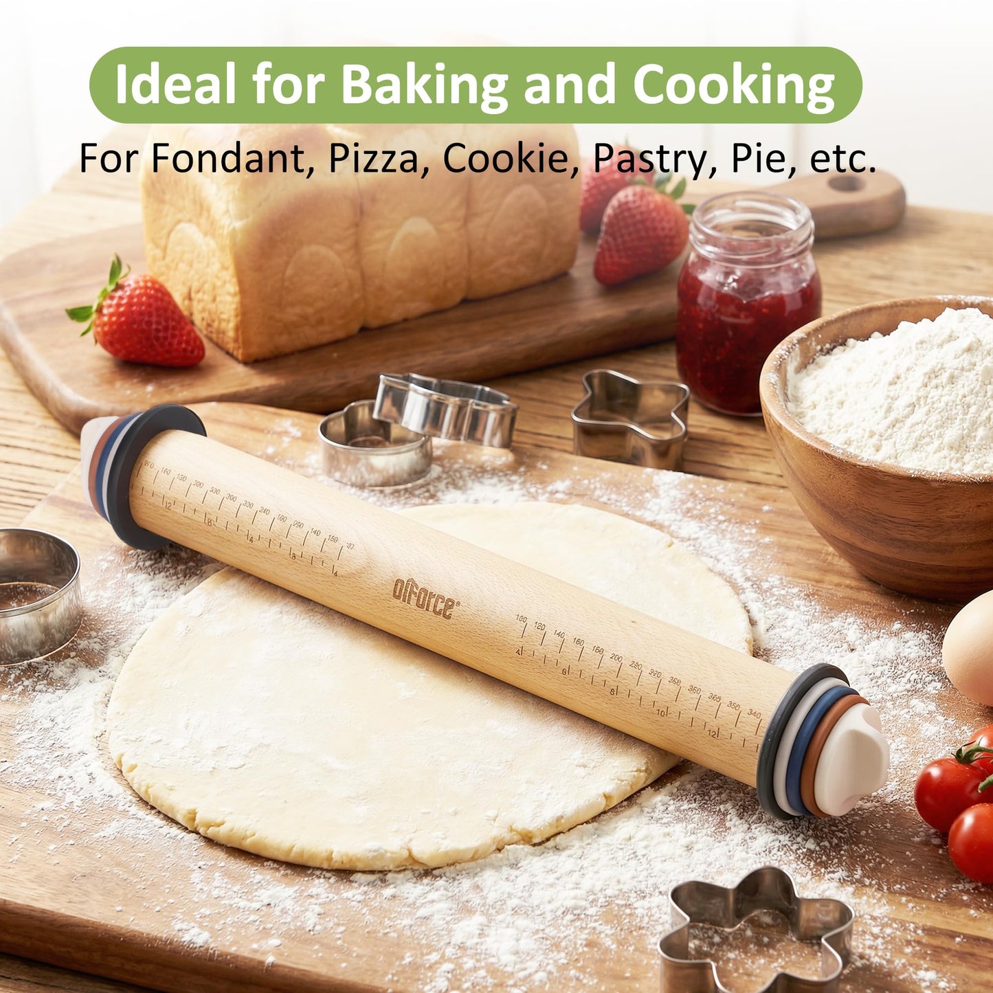 Oiforce Rolling Pin with Adjustable Thickness Rings, Wooden Rolling Pin for Baking, 13.6" Precise Dough Roller for Baking Fondant, Pizza, Pie, Pastry, Pasta, Cookies and More