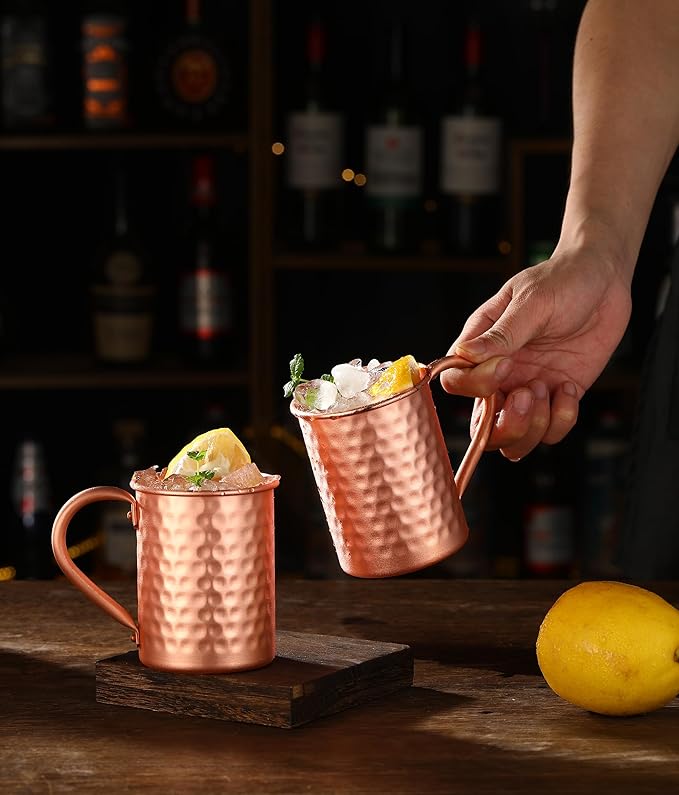Moscow Mule Pure Copper Mugs - Set of 4 - Handmade of 100% Pure Copper -Hammered Finish-Riveted Handle