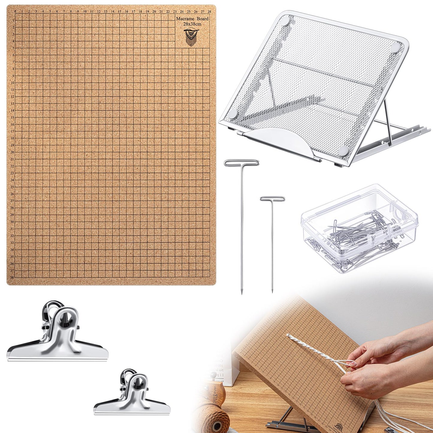 Tandefio 104 Pcs 12x16 Inch Macrame Board and Metal Adjustable Holder with T Pins Clips Macrame Project Supplies Tools Double Sided Grids for Braiding Cording Bracelet Creating