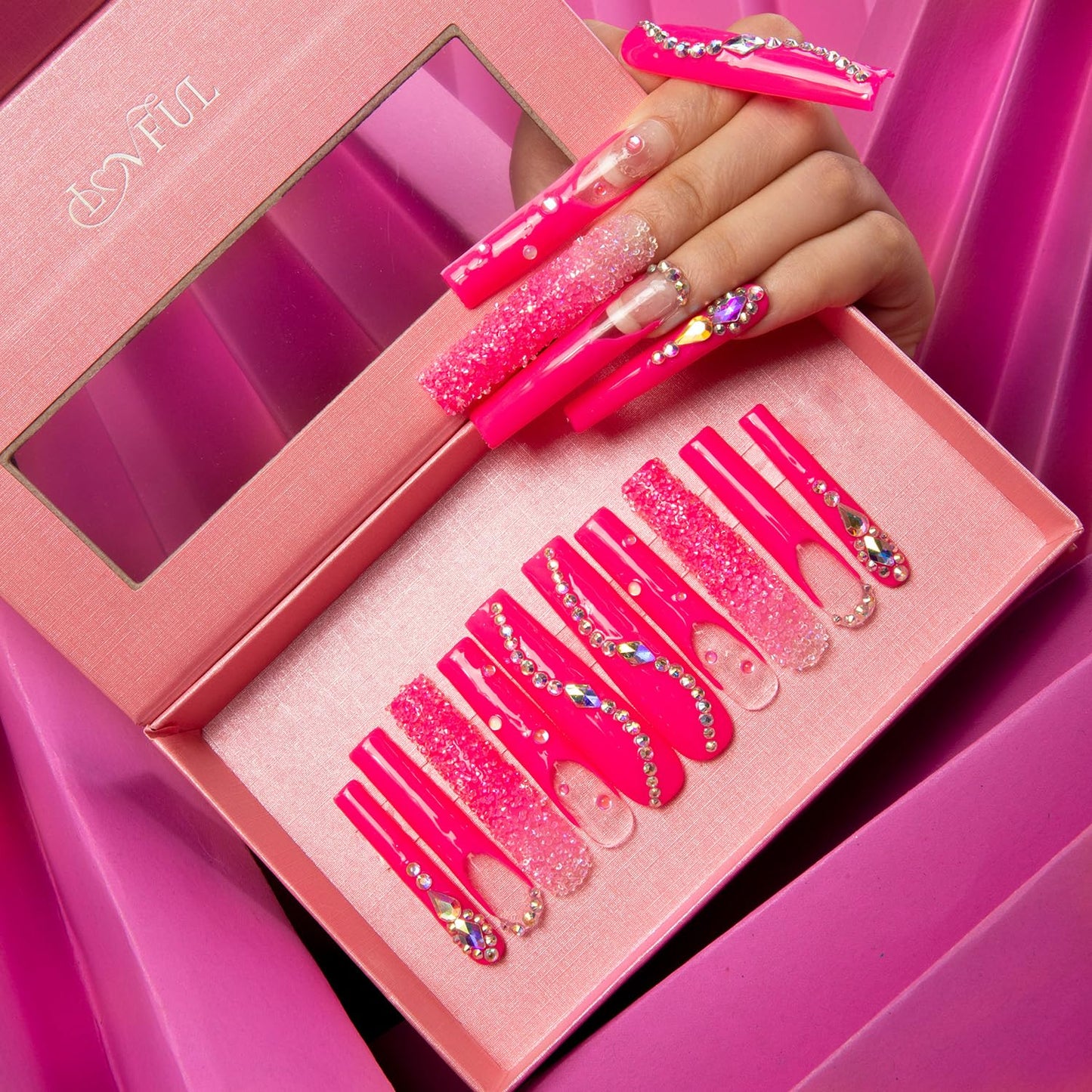 LOVFUL Press on Nails Pink Typhoon Square | Glitter Pink Fake Nails | Princess Nails | Stick on Nails | Square Long 2.2 in | H38 (M)
