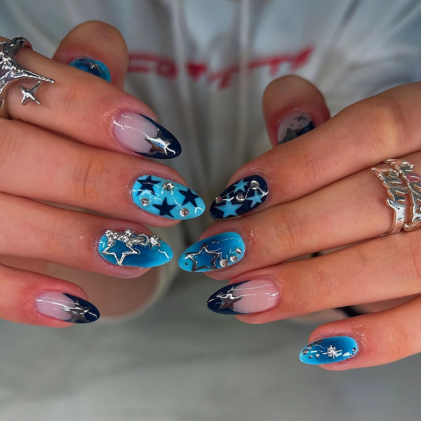 BABALAL Press on Nails, Almond Medium Fake Nails, Blue Black Y2k, Silver Star Print, Gothic French Tip Reusable Bling Glue on False Nails 24Pcs