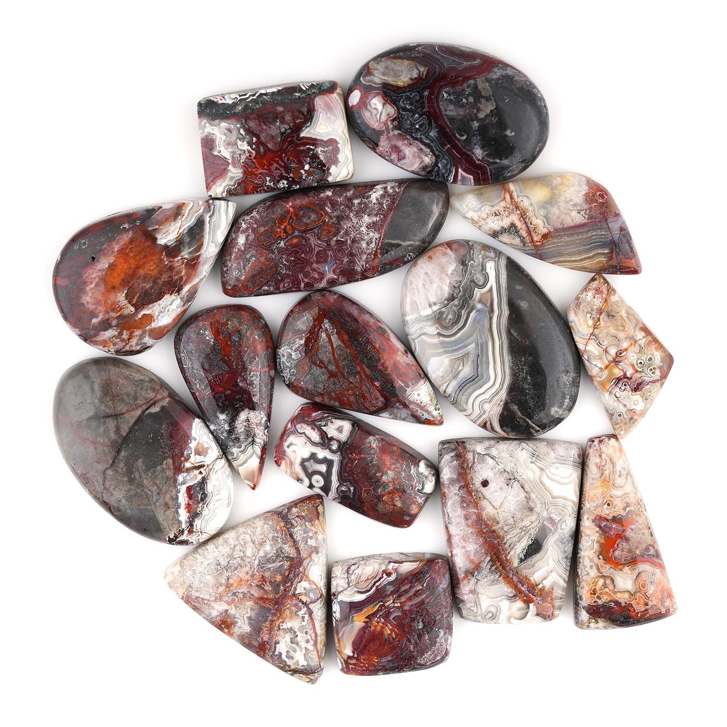 GemSymphony Natural Crazy Lace Agate Gemstone Cabochon Pack of 3 Mixed Shapes – Polished Crystal Stones for Jewelry Making Supply, Healing, Reiki & DIY Crafts, Natural Gem Cab Set for Wire Wrapping (10-20 mm)