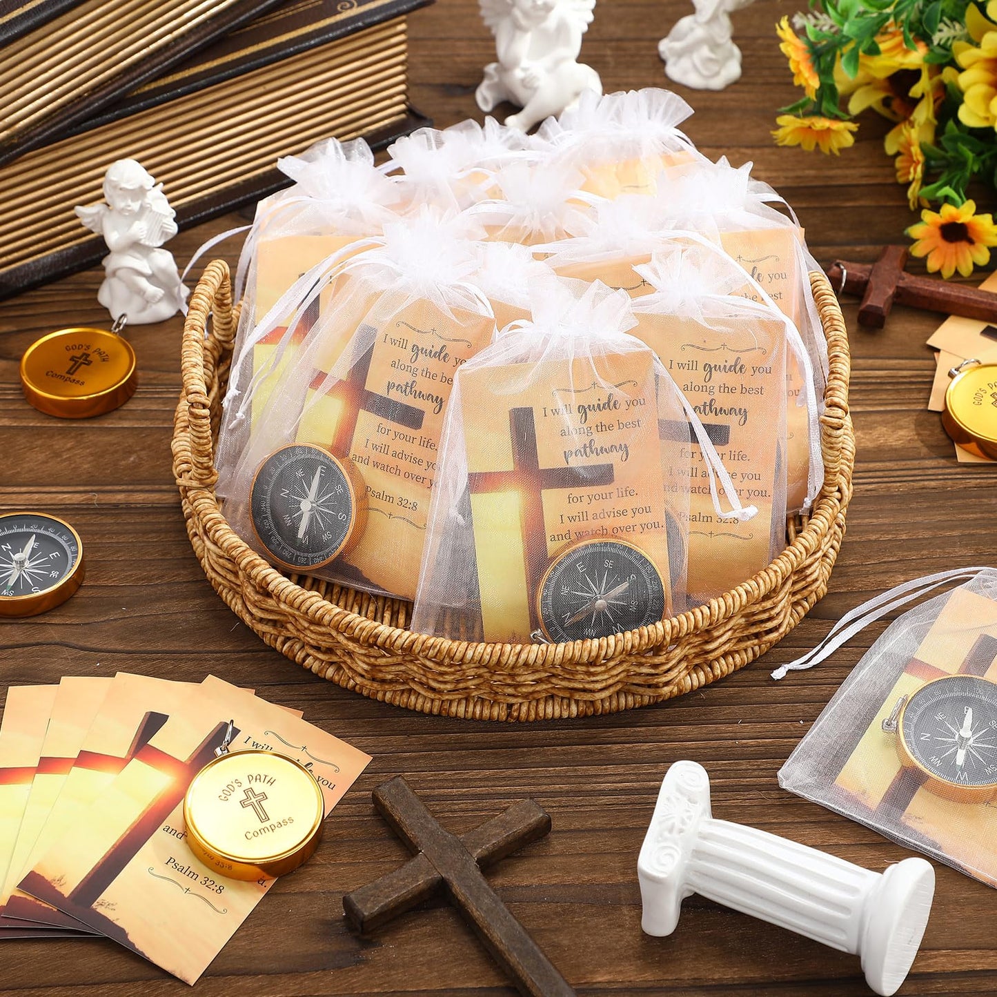Relaxweex 24 Set Mini Christian Compass Christian Gift Set Compass with Cards and White Drawstring Organza Bag Bible Scripture Cards Religious Gifts for Men Graduation Gift Weddings