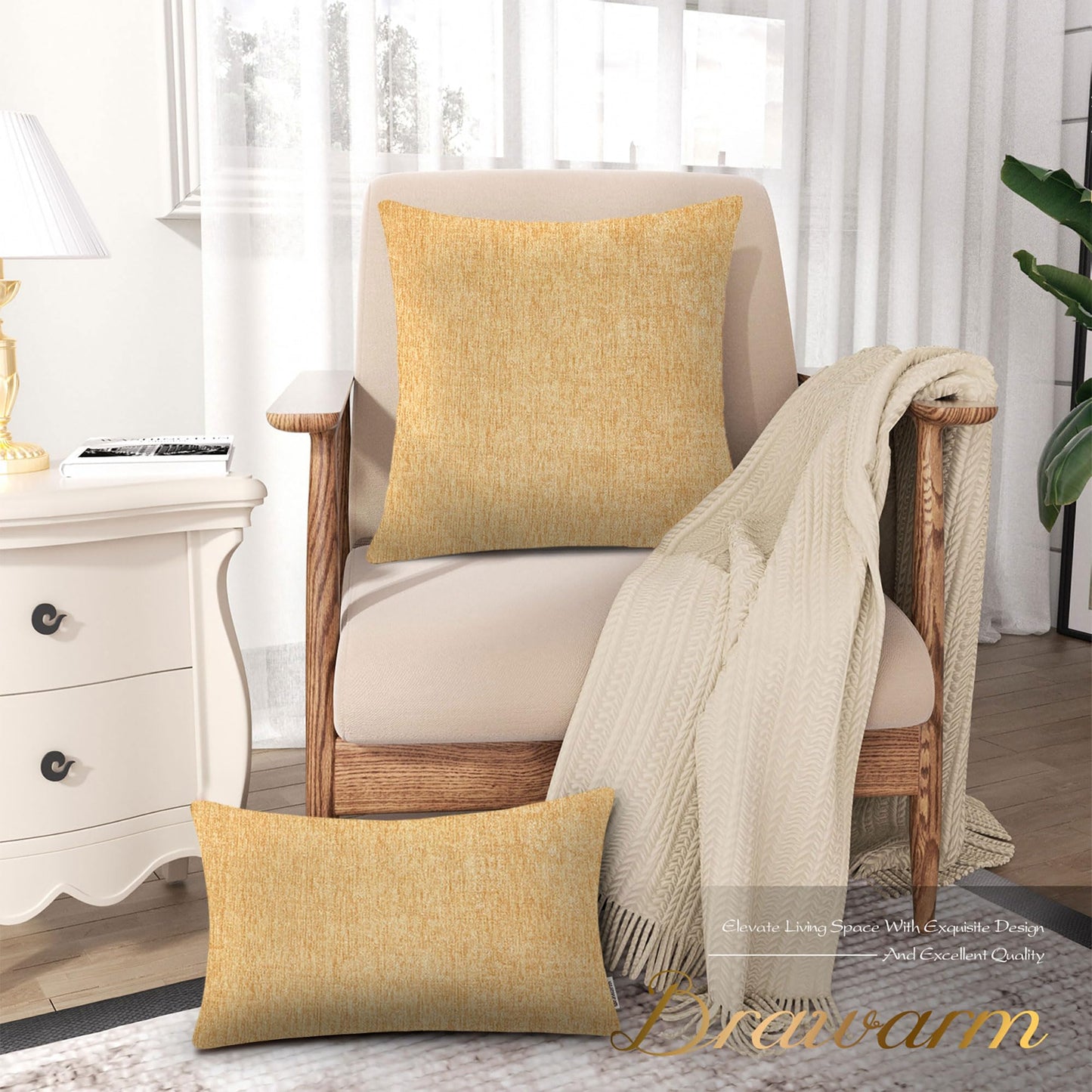 BRAWARM Throw Pillow Covers 22x22 Inches - Gold Chenille Pillow Covers Pack of 2, Solid Dyed Soft Chenille Pillow Cases for Couch Sofa Bed Home Decoration