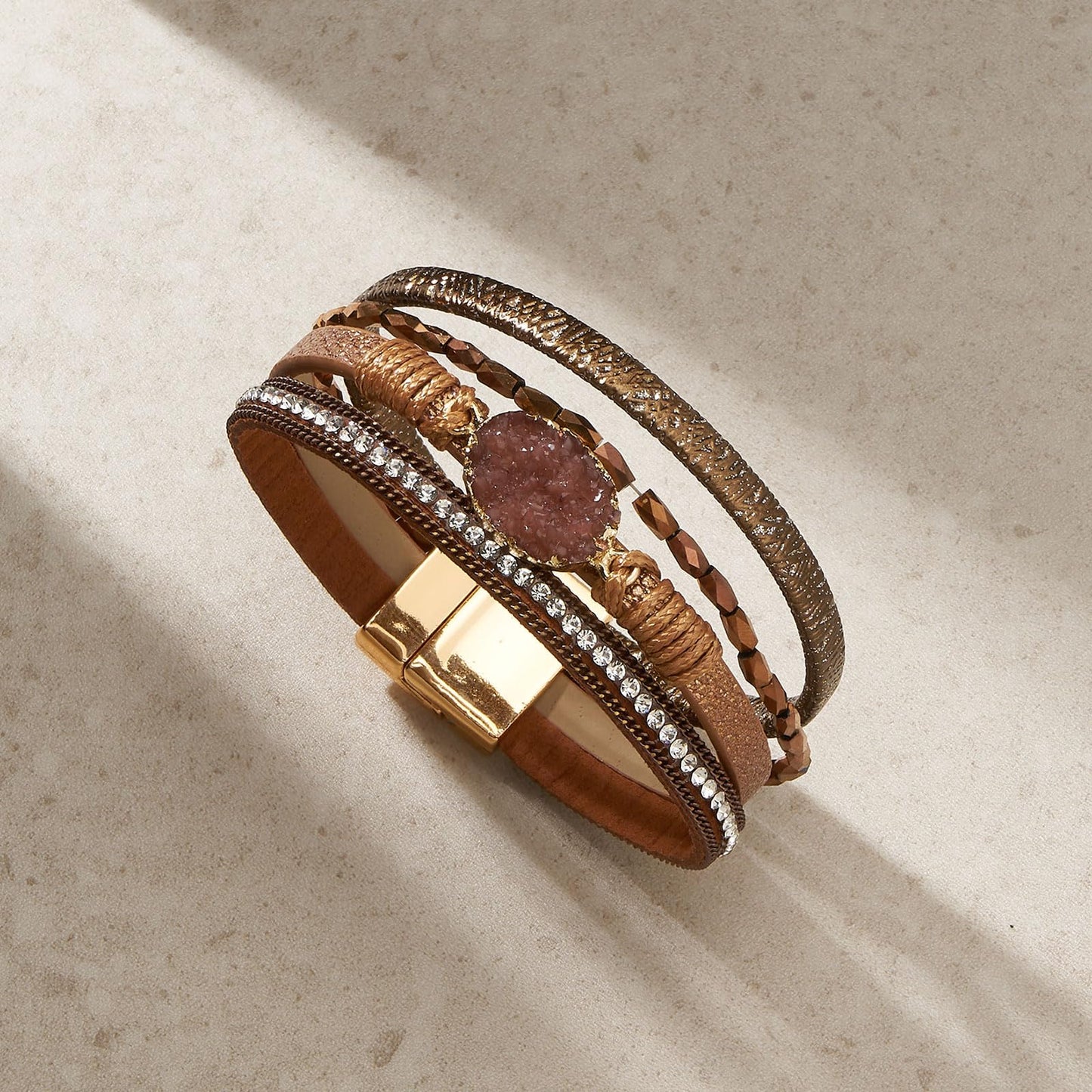 QIUTIMIY Leather Bracelets for Women Trendy Boho Cuff Bracelet Layered Bangle with Clasp Hand Wrist Jewelry Western(Style 7-Brown)