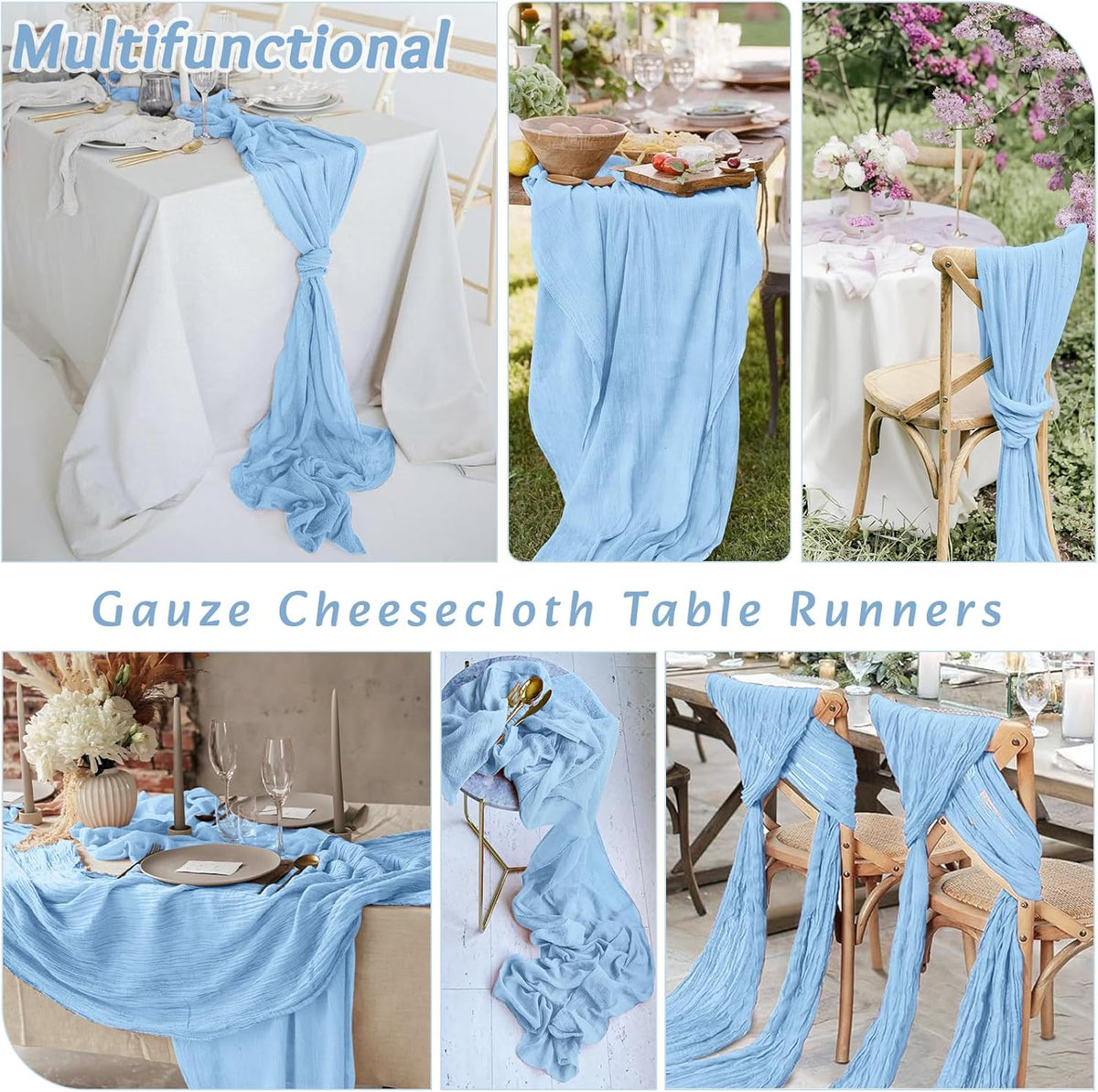 8Pack Light Blue Table Runner 10FT Cheesecloth Table Runner 35x120Inch Long Boho Cheese Cloth Table Runners Rustic Gauze Table Runners for Party Wedding Bridal Shower Baby Shower Decorations
