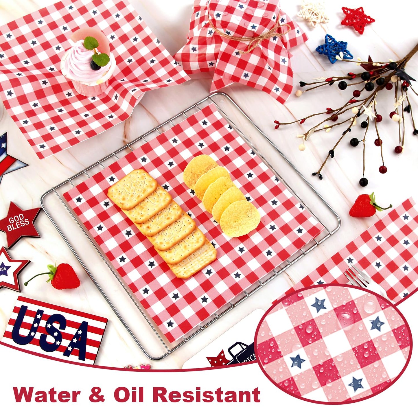100 Pcs Patriotic Wax Paper for Food, 4th of July Red Plaid Blue Stars Parchment Decorative Oil-Proof Wrapping Basket Liners for Kitchen Party Supplies Cookie Box Dessert Deli Sandwich,9.8 x 9.8 Inch