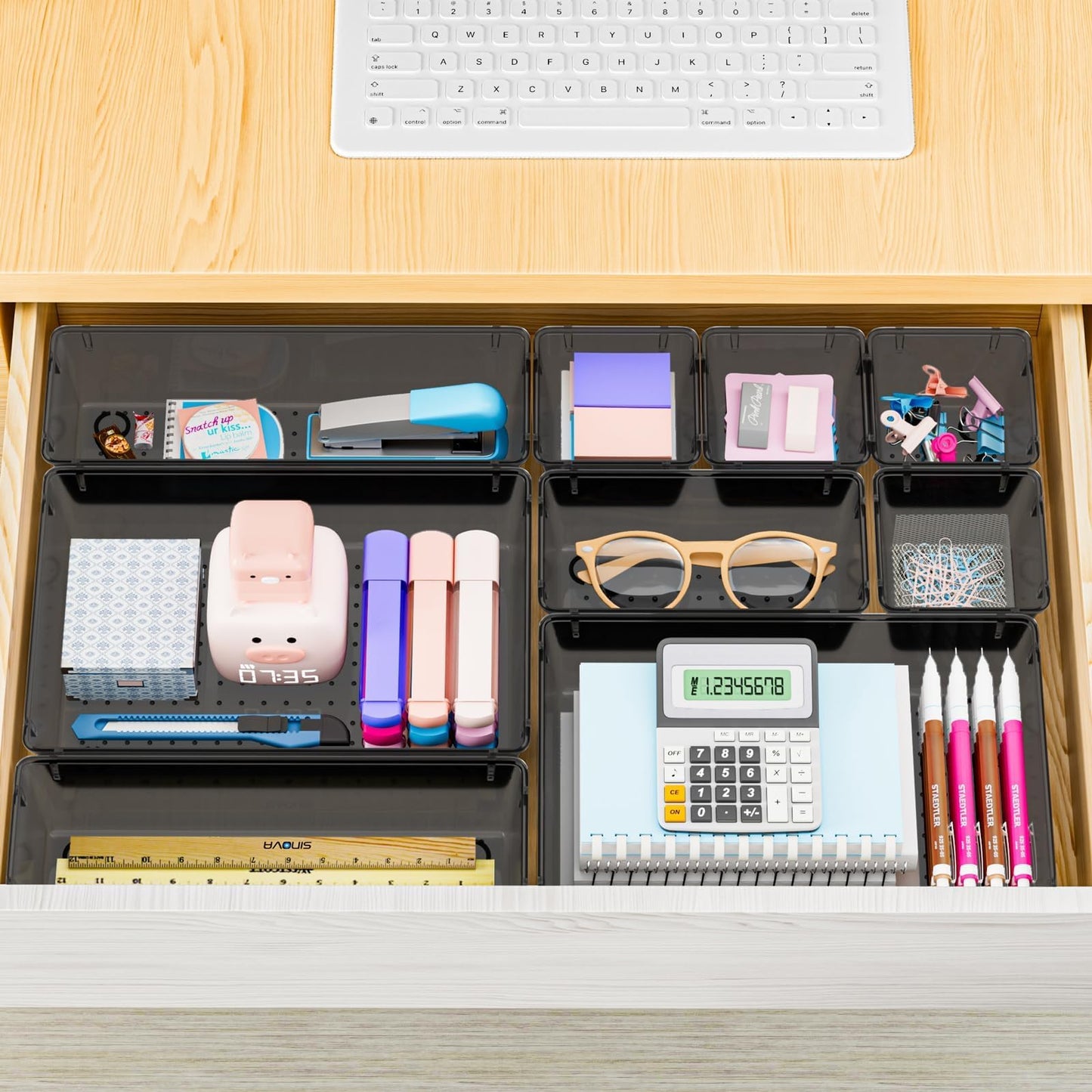 SpaceHacks 25 PCS Plastic Drawer Organizer Set, 4-Size Versatile Organizer Trays & storage Bins for Makeup, Jewelry, and Gadgets in Bathroom, Bedroom and Office,Clear Black