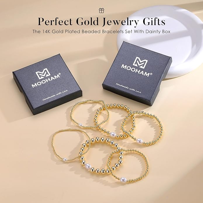 M MOOHAM Gold Beaded Bracelets for Women - 14k Real Gold Plated Beaded Pearl Bracelet Set Stack for Women Trendy Non Tarnisn, Adjustable Stretch Bracelet Jewelry Gifts for Teen Girls Women