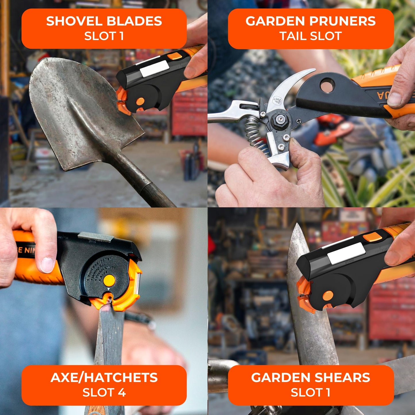 Orange Ninja 7-in-1 Garden Tool & Knife Sharpener – Sharpens Axe, Hatchet, Machete, Pruner & Shears – One Tool for All Your Outdoor Blades – Gift for Gardeners