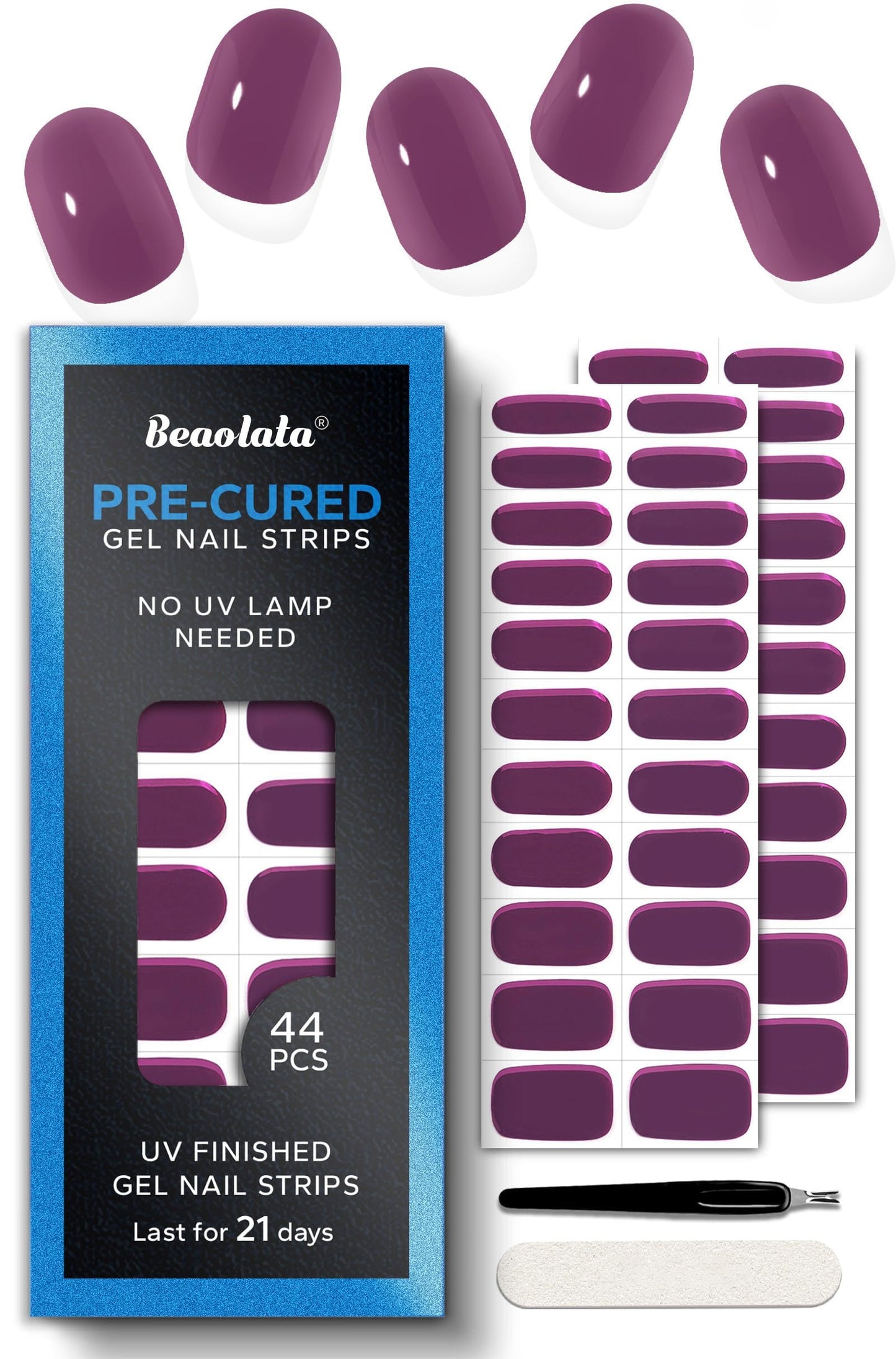 Beaolata Real Gel Nail Strips (No UV Light Needed) - 44Pcs Salon Quality Nail Stickers - Long Lasting Polish Wraps for Women, Easy Apply & Remove (Fudge Purple）