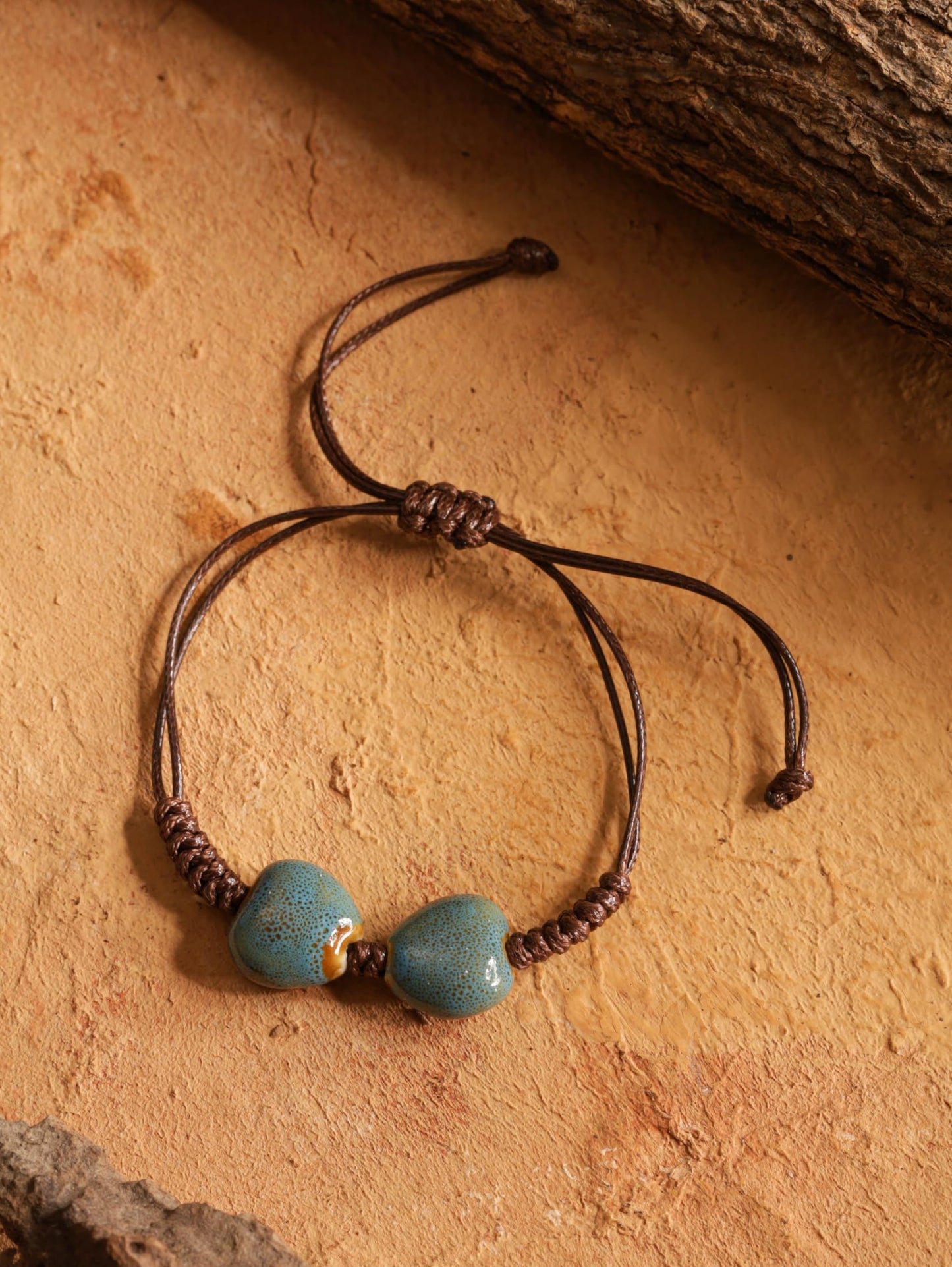 MINACHI Bohemian Blue Heart Shape Ceramic Bead Adjustable Leather Bracelet, Boho Hippie Summer Jewelry Gift for Women