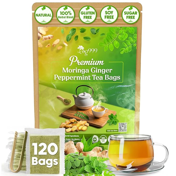TOG999, Premium Moringa Ginger Peppermint Herbal Tea – 120 Tea Bags – Caffeine-Free, Plant-Based, Non-GMO, Naturally Refreshing Flavor, No Artificial Additives, No Sugar, No Gluten. Vegan